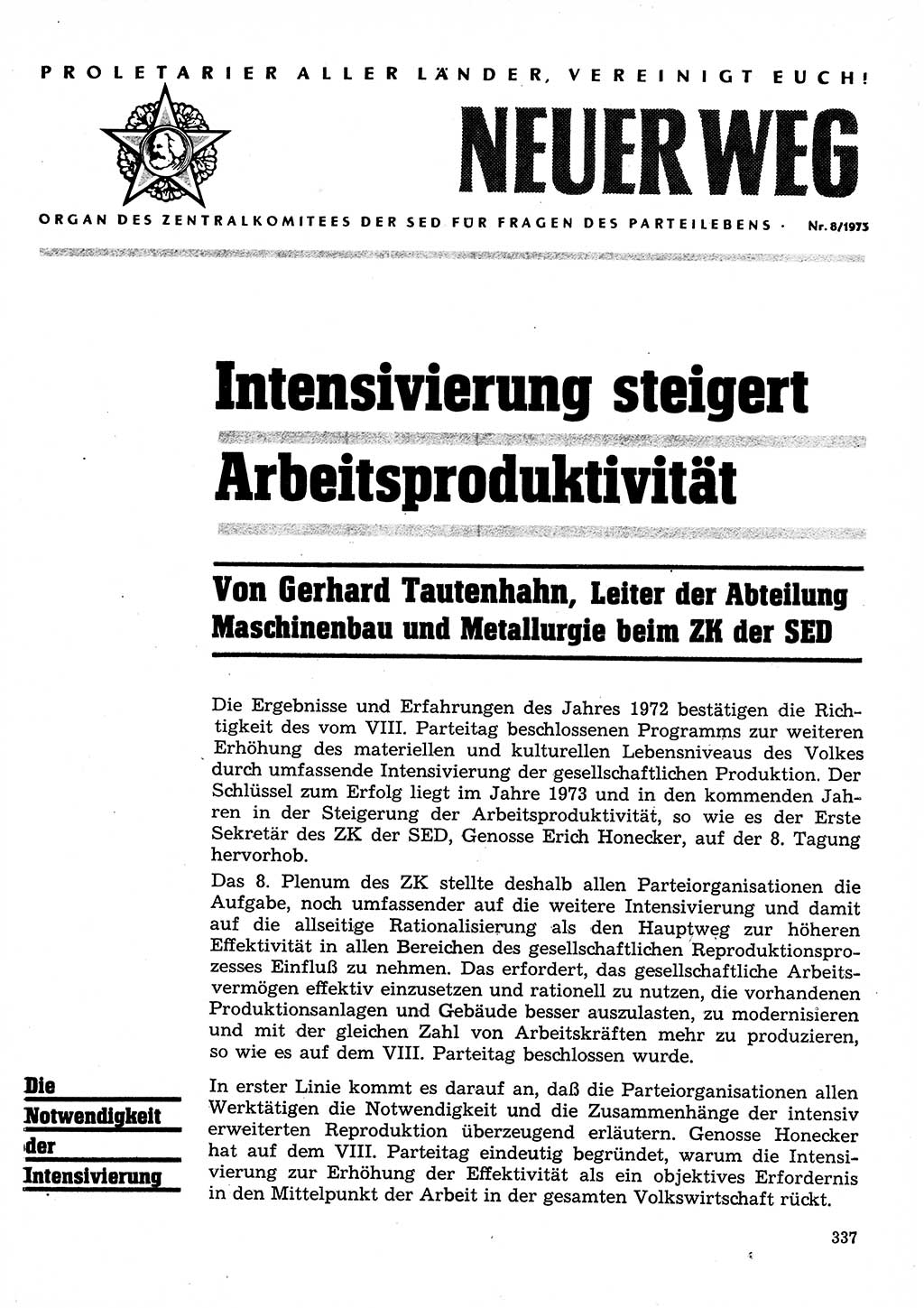 Neuer Weg (NW), Organ des Zentralkomitees (ZK) der SED (Sozialistische Einheitspartei Deutschlands) für Fragen des Parteilebens, 28. Jahrgang [Deutsche Demokratische Republik (DDR)] 1973, Seite 337 (NW ZK SED DDR 1973, S. 337)