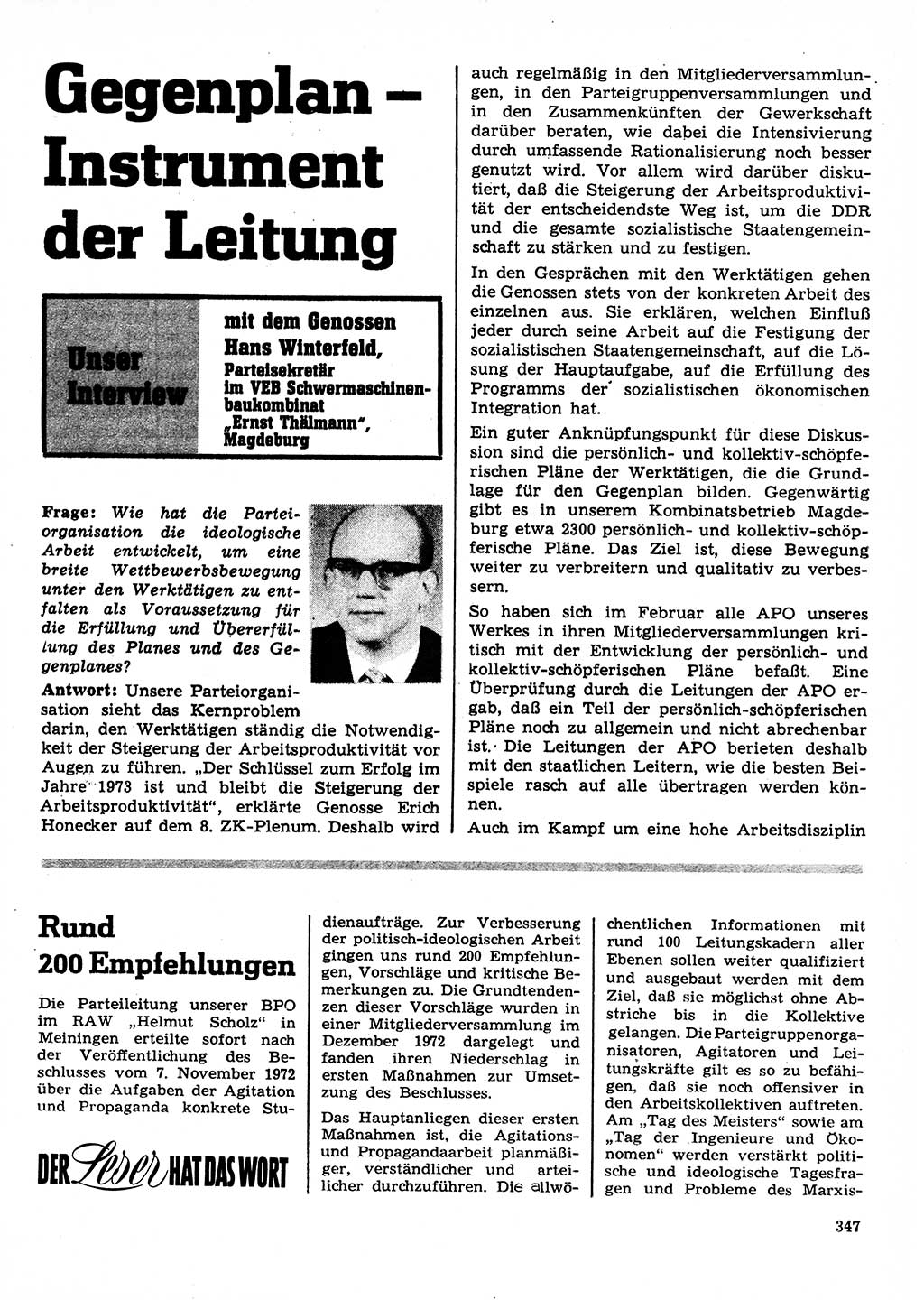 Neuer Weg (NW), Organ des Zentralkomitees (ZK) der SED (Sozialistische Einheitspartei Deutschlands) für Fragen des Parteilebens, 28. Jahrgang [Deutsche Demokratische Republik (DDR)] 1973, Seite 347 (NW ZK SED DDR 1973, S. 347)