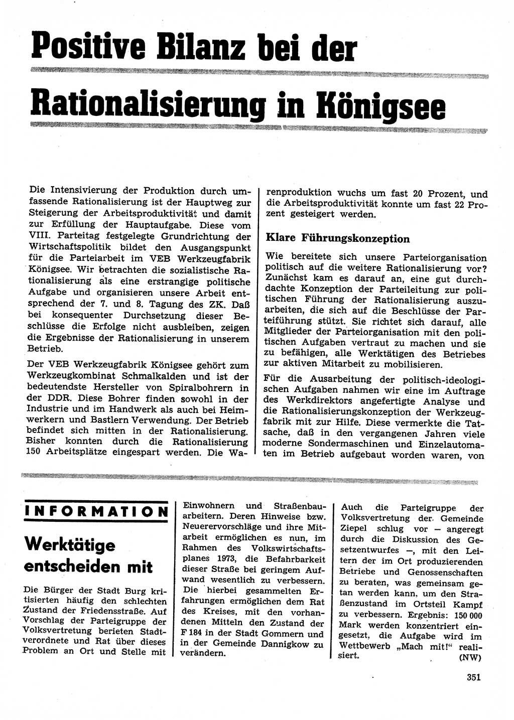 Neuer Weg (NW), Organ des Zentralkomitees (ZK) der SED (Sozialistische Einheitspartei Deutschlands) für Fragen des Parteilebens, 28. Jahrgang [Deutsche Demokratische Republik (DDR)] 1973, Seite 351 (NW ZK SED DDR 1973, S. 351)