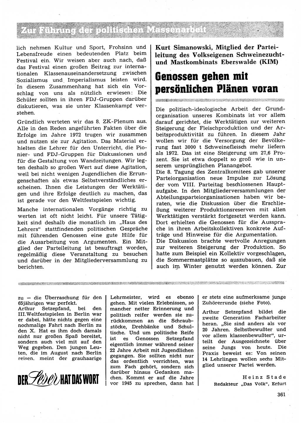 Neuer Weg (NW), Organ des Zentralkomitees (ZK) der SED (Sozialistische Einheitspartei Deutschlands) für Fragen des Parteilebens, 28. Jahrgang [Deutsche Demokratische Republik (DDR)] 1973, Seite 361 (NW ZK SED DDR 1973, S. 361)