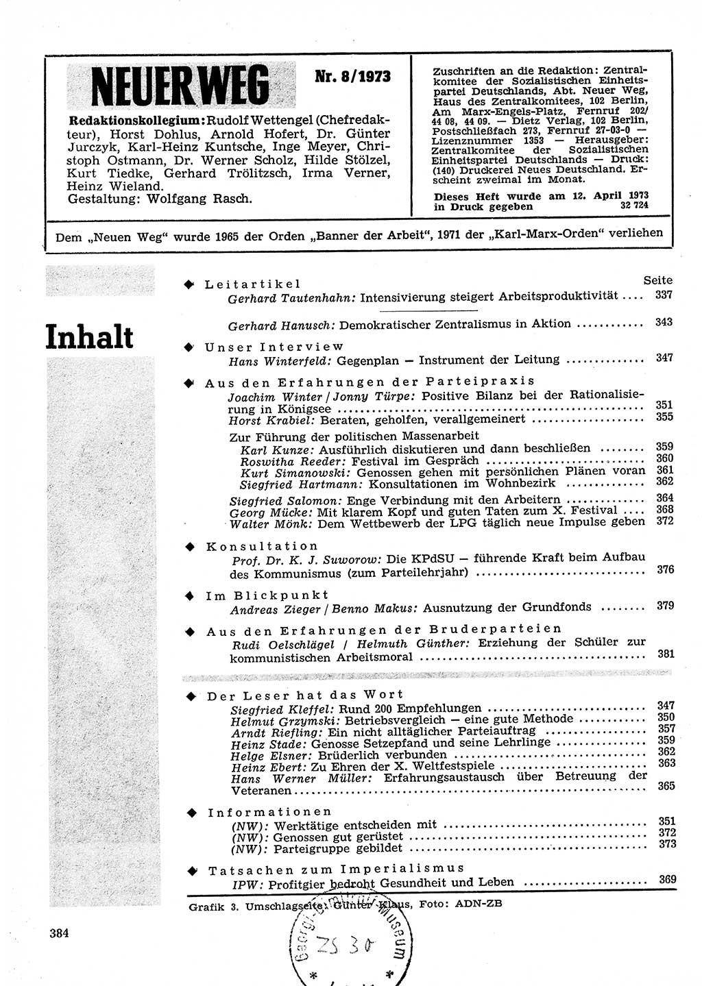 Neuer Weg (NW), Organ des Zentralkomitees (ZK) der SED (Sozialistische Einheitspartei Deutschlands) für Fragen des Parteilebens, 28. Jahrgang [Deutsche Demokratische Republik (DDR)] 1973, Seite 384 (NW ZK SED DDR 1973, S. 384)