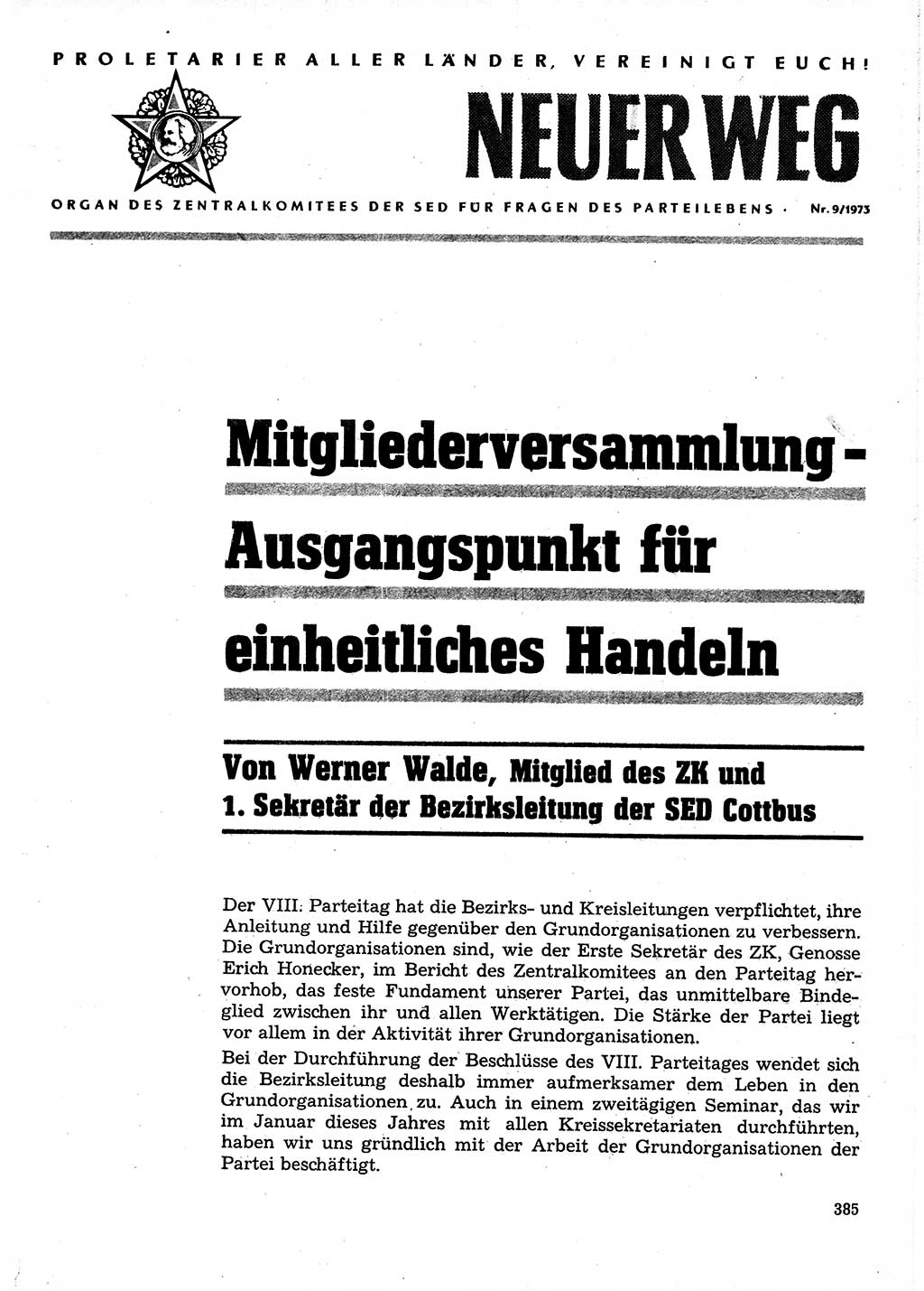 Neuer Weg (NW), Organ des Zentralkomitees (ZK) der SED (Sozialistische Einheitspartei Deutschlands) für Fragen des Parteilebens, 28. Jahrgang [Deutsche Demokratische Republik (DDR)] 1973, Seite 385 (NW ZK SED DDR 1973, S. 385)
