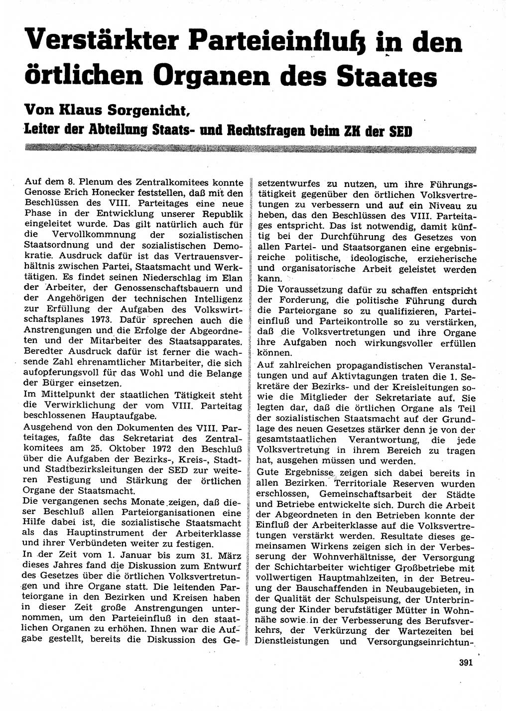 Neuer Weg (NW), Organ des Zentralkomitees (ZK) der SED (Sozialistische Einheitspartei Deutschlands) für Fragen des Parteilebens, 28. Jahrgang [Deutsche Demokratische Republik (DDR)] 1973, Seite 391 (NW ZK SED DDR 1973, S. 391)