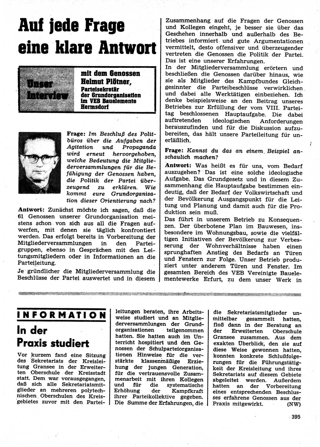 Neuer Weg (NW), Organ des Zentralkomitees (ZK) der SED (Sozialistische Einheitspartei Deutschlands) für Fragen des Parteilebens, 28. Jahrgang [Deutsche Demokratische Republik (DDR)] 1973, Seite 395 (NW ZK SED DDR 1973, S. 395)