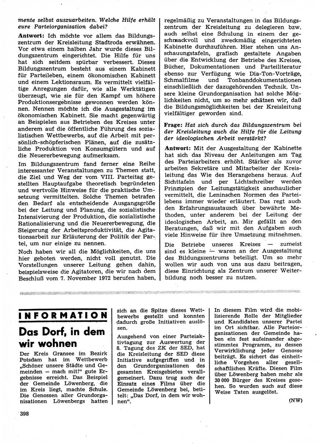 Neuer Weg (NW), Organ des Zentralkomitees (ZK) der SED (Sozialistische Einheitspartei Deutschlands) für Fragen des Parteilebens, 28. Jahrgang [Deutsche Demokratische Republik (DDR)] 1973, Seite 398 (NW ZK SED DDR 1973, S. 398)