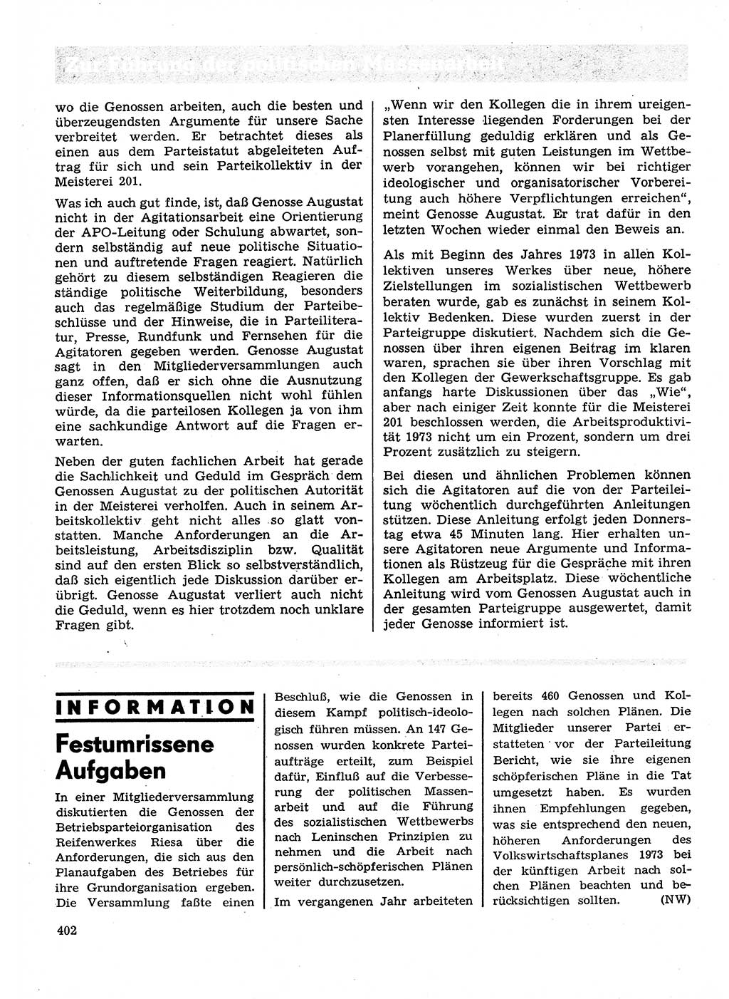 Neuer Weg (NW), Organ des Zentralkomitees (ZK) der SED (Sozialistische Einheitspartei Deutschlands) für Fragen des Parteilebens, 28. Jahrgang [Deutsche Demokratische Republik (DDR)] 1973, Seite 402 (NW ZK SED DDR 1973, S. 402)