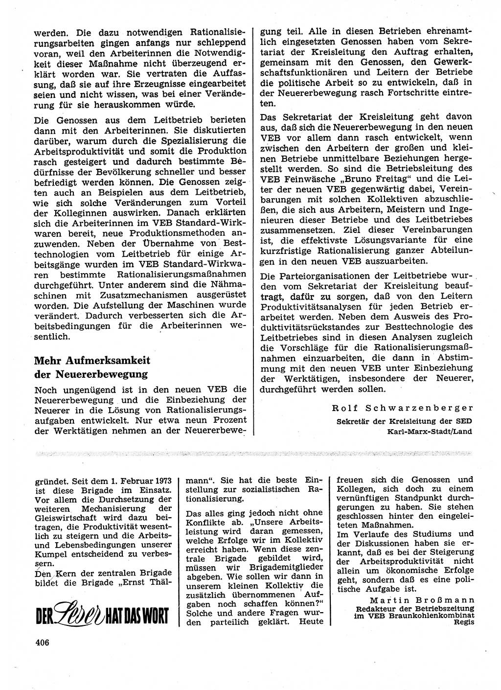 Neuer Weg (NW), Organ des Zentralkomitees (ZK) der SED (Sozialistische Einheitspartei Deutschlands) für Fragen des Parteilebens, 28. Jahrgang [Deutsche Demokratische Republik (DDR)] 1973, Seite 406 (NW ZK SED DDR 1973, S. 406)