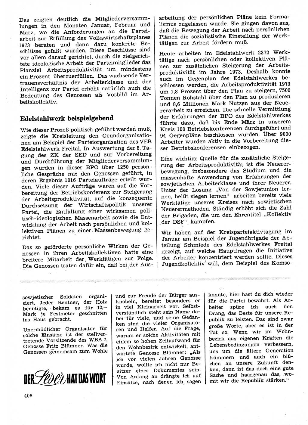Neuer Weg (NW), Organ des Zentralkomitees (ZK) der SED (Sozialistische Einheitspartei Deutschlands) für Fragen des Parteilebens, 28. Jahrgang [Deutsche Demokratische Republik (DDR)] 1973, Seite 408 (NW ZK SED DDR 1973, S. 408)