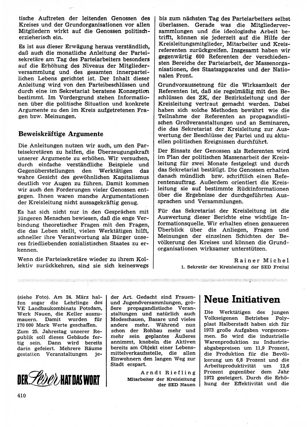 Neuer Weg (NW), Organ des Zentralkomitees (ZK) der SED (Sozialistische Einheitspartei Deutschlands) für Fragen des Parteilebens, 28. Jahrgang [Deutsche Demokratische Republik (DDR)] 1973, Seite 410 (NW ZK SED DDR 1973, S. 410)