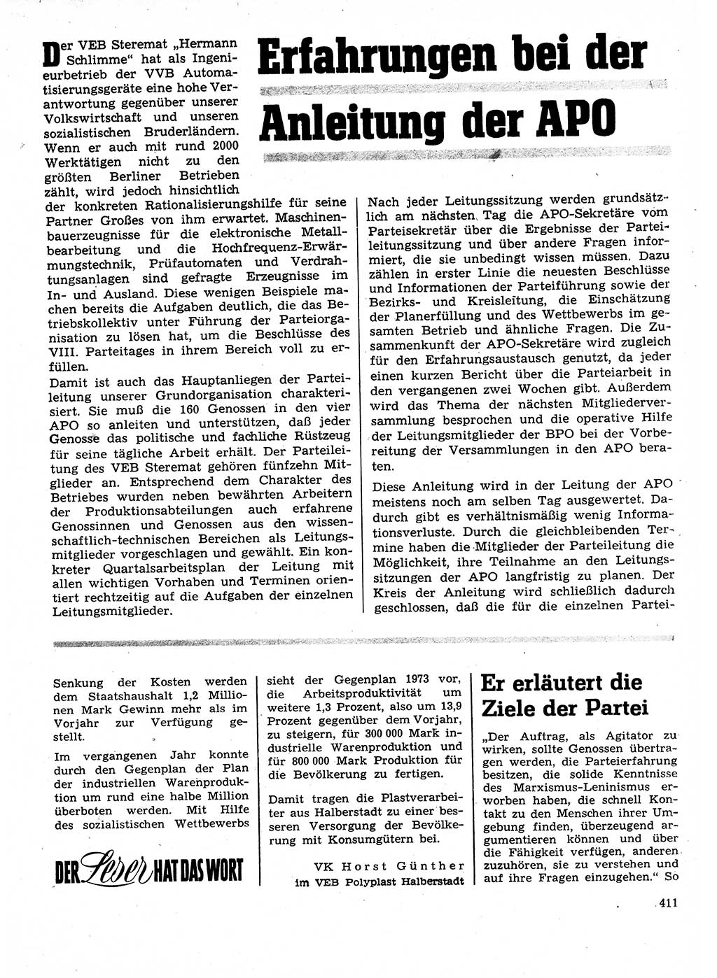 Neuer Weg (NW), Organ des Zentralkomitees (ZK) der SED (Sozialistische Einheitspartei Deutschlands) für Fragen des Parteilebens, 28. Jahrgang [Deutsche Demokratische Republik (DDR)] 1973, Seite 411 (NW ZK SED DDR 1973, S. 411)