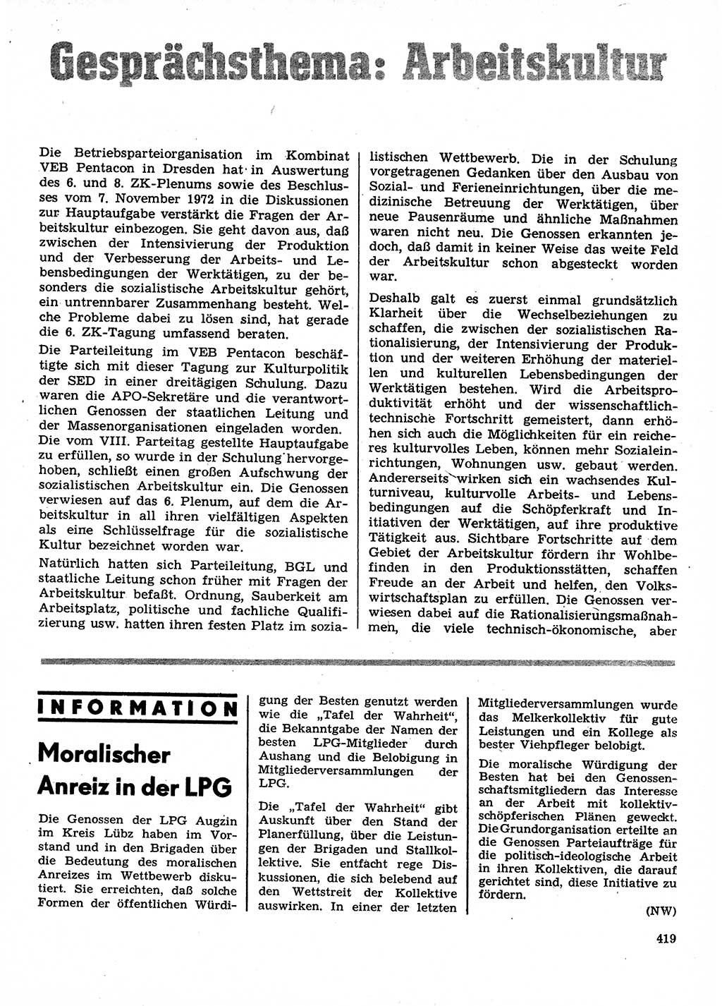 Neuer Weg (NW), Organ des Zentralkomitees (ZK) der SED (Sozialistische Einheitspartei Deutschlands) für Fragen des Parteilebens, 28. Jahrgang [Deutsche Demokratische Republik (DDR)] 1973, Seite 419 (NW ZK SED DDR 1973, S. 419)