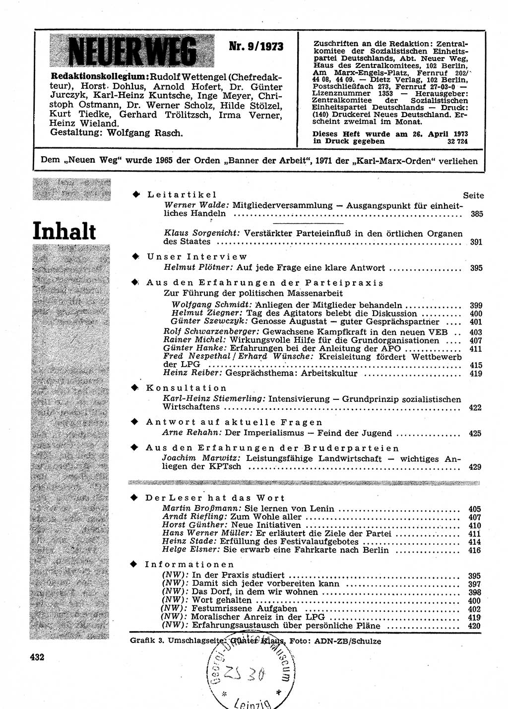 Neuer Weg (NW), Organ des Zentralkomitees (ZK) der SED (Sozialistische Einheitspartei Deutschlands) für Fragen des Parteilebens, 28. Jahrgang [Deutsche Demokratische Republik (DDR)] 1973, Seite 432 (NW ZK SED DDR 1973, S. 432)