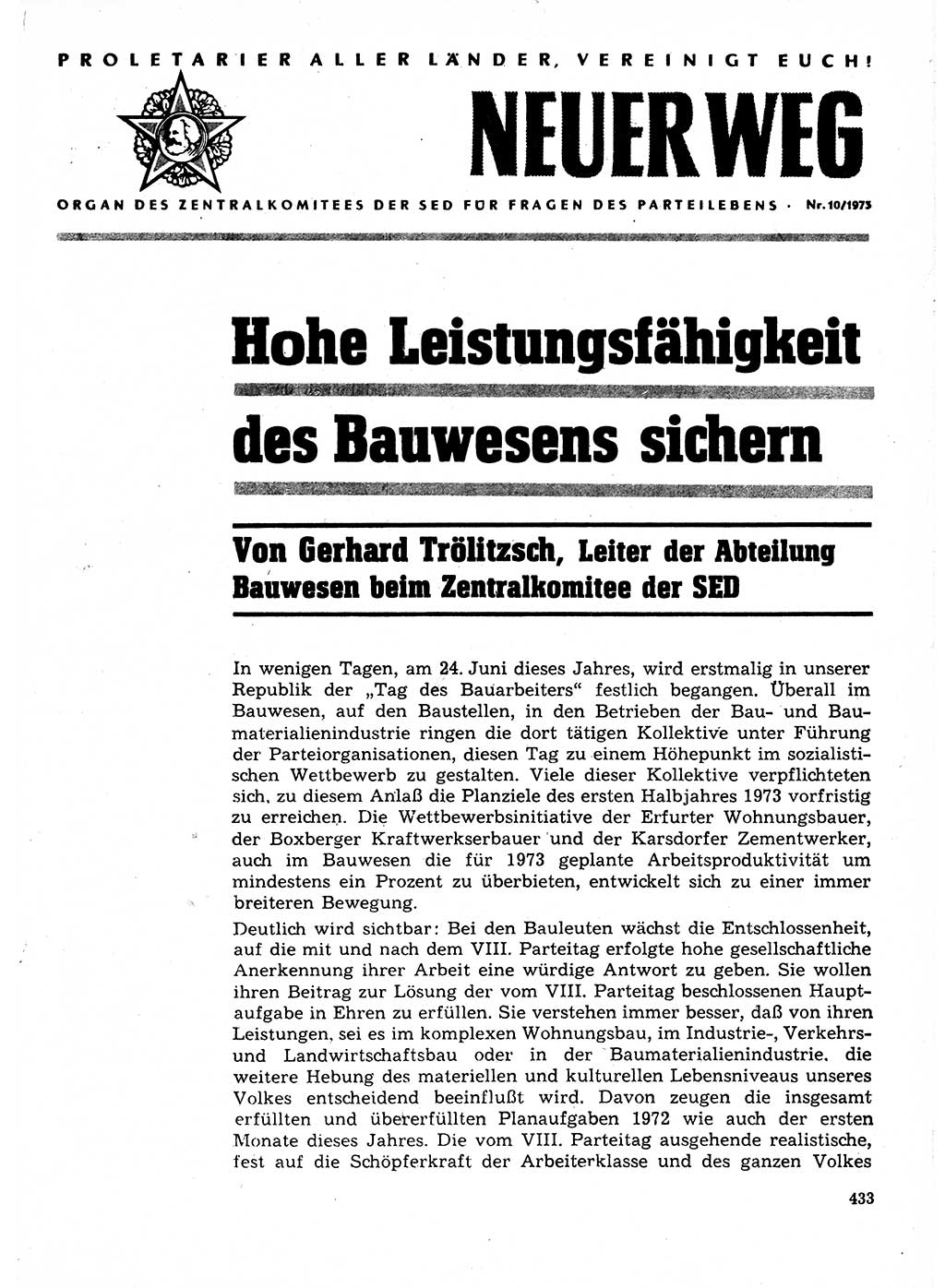 Neuer Weg (NW), Organ des Zentralkomitees (ZK) der SED (Sozialistische Einheitspartei Deutschlands) für Fragen des Parteilebens, 28. Jahrgang [Deutsche Demokratische Republik (DDR)] 1973, Seite 433 (NW ZK SED DDR 1973, S. 433)