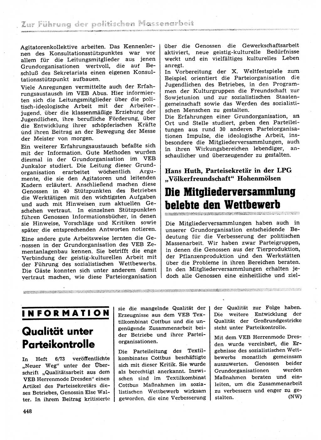 Neuer Weg (NW), Organ des Zentralkomitees (ZK) der SED (Sozialistische Einheitspartei Deutschlands) für Fragen des Parteilebens, 28. Jahrgang [Deutsche Demokratische Republik (DDR)] 1973, Seite 448 (NW ZK SED DDR 1973, S. 448)