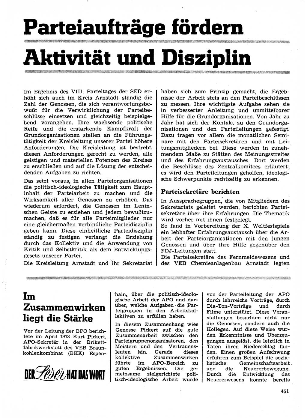 Neuer Weg (NW), Organ des Zentralkomitees (ZK) der SED (Sozialistische Einheitspartei Deutschlands) für Fragen des Parteilebens, 28. Jahrgang [Deutsche Demokratische Republik (DDR)] 1973, Seite 451 (NW ZK SED DDR 1973, S. 451)