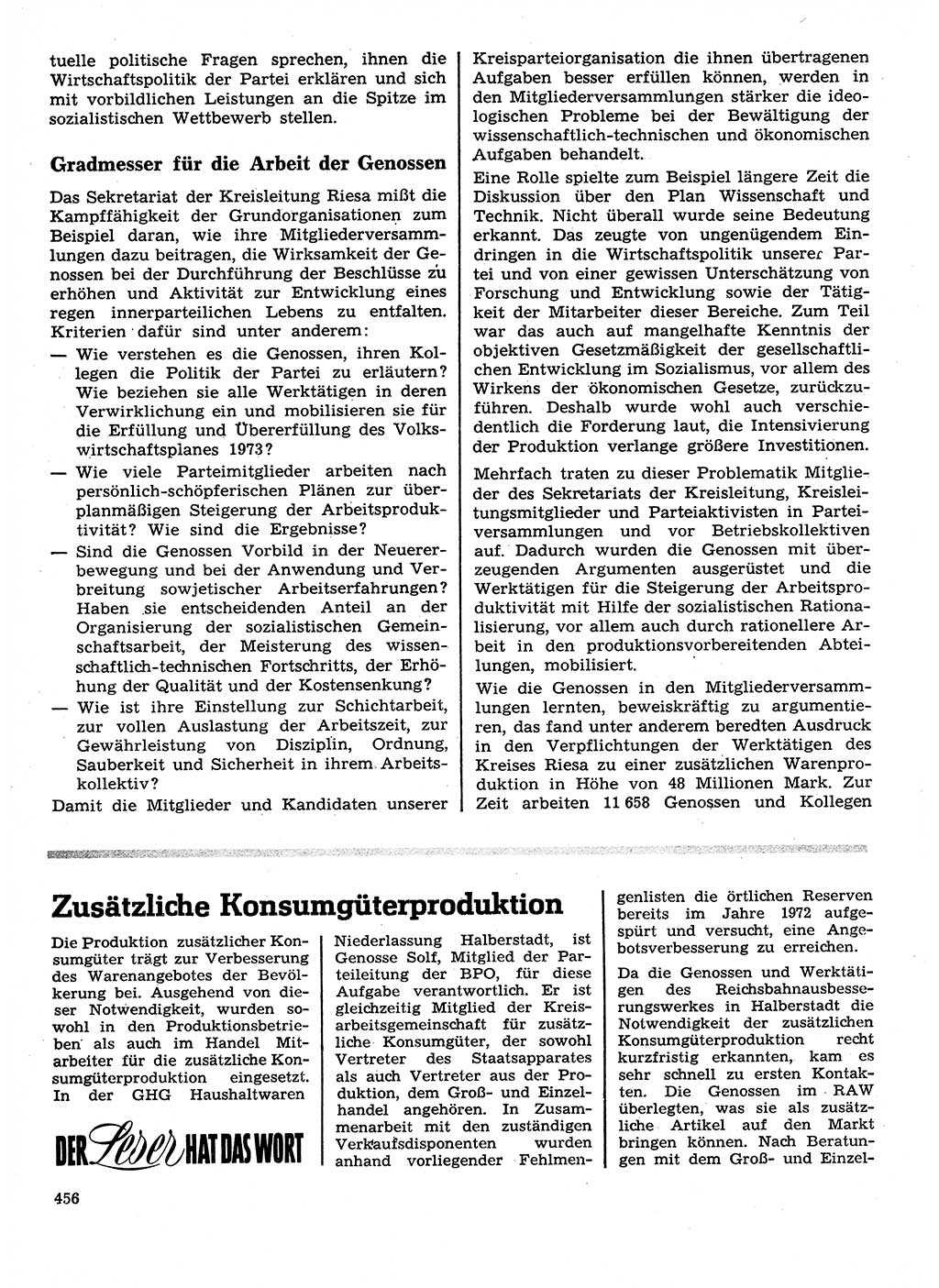 Neuer Weg (NW), Organ des Zentralkomitees (ZK) der SED (Sozialistische Einheitspartei Deutschlands) für Fragen des Parteilebens, 28. Jahrgang [Deutsche Demokratische Republik (DDR)] 1973, Seite 456 (NW ZK SED DDR 1973, S. 456)