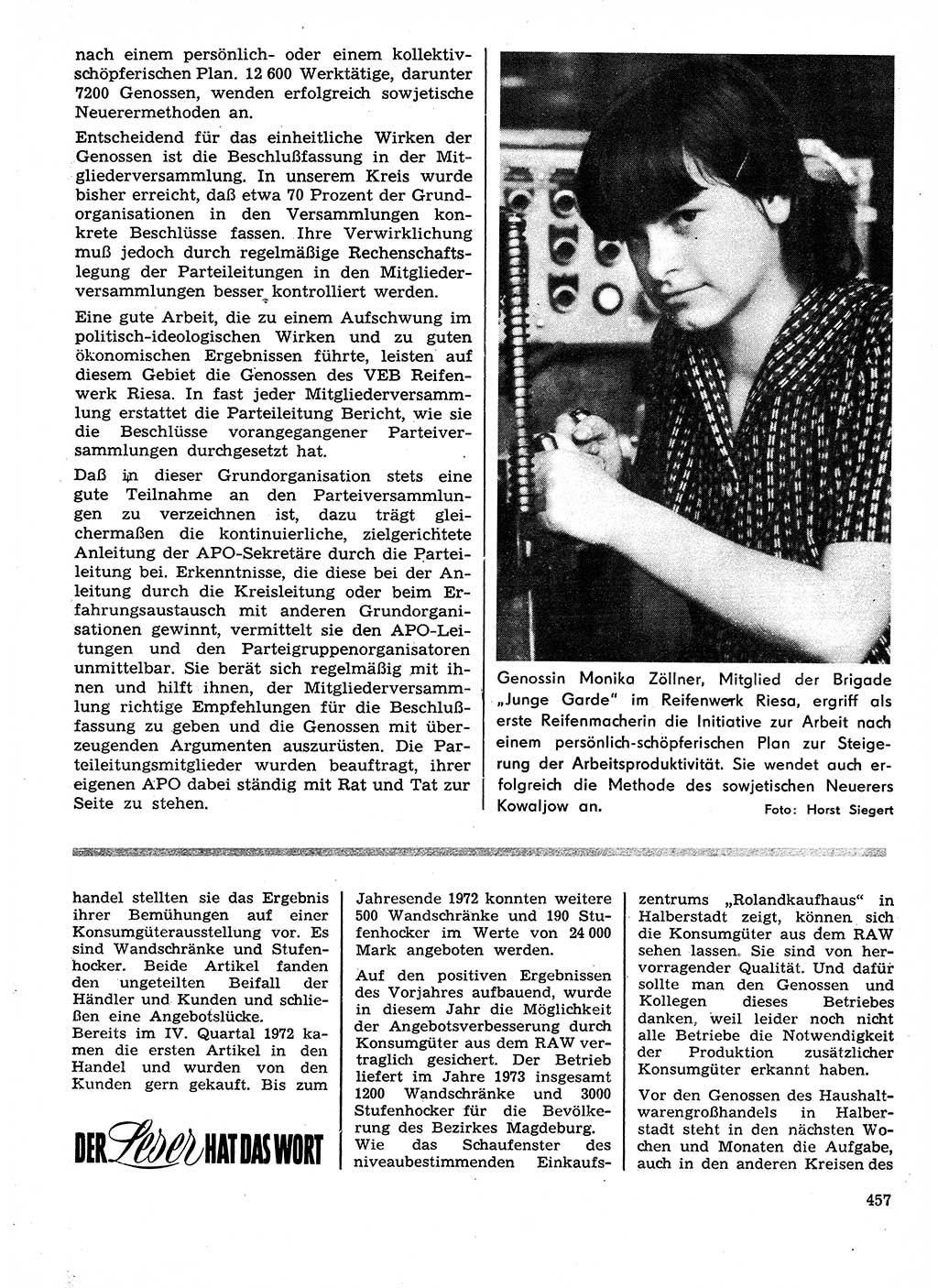 Neuer Weg (NW), Organ des Zentralkomitees (ZK) der SED (Sozialistische Einheitspartei Deutschlands) für Fragen des Parteilebens, 28. Jahrgang [Deutsche Demokratische Republik (DDR)] 1973, Seite 457 (NW ZK SED DDR 1973, S. 457)