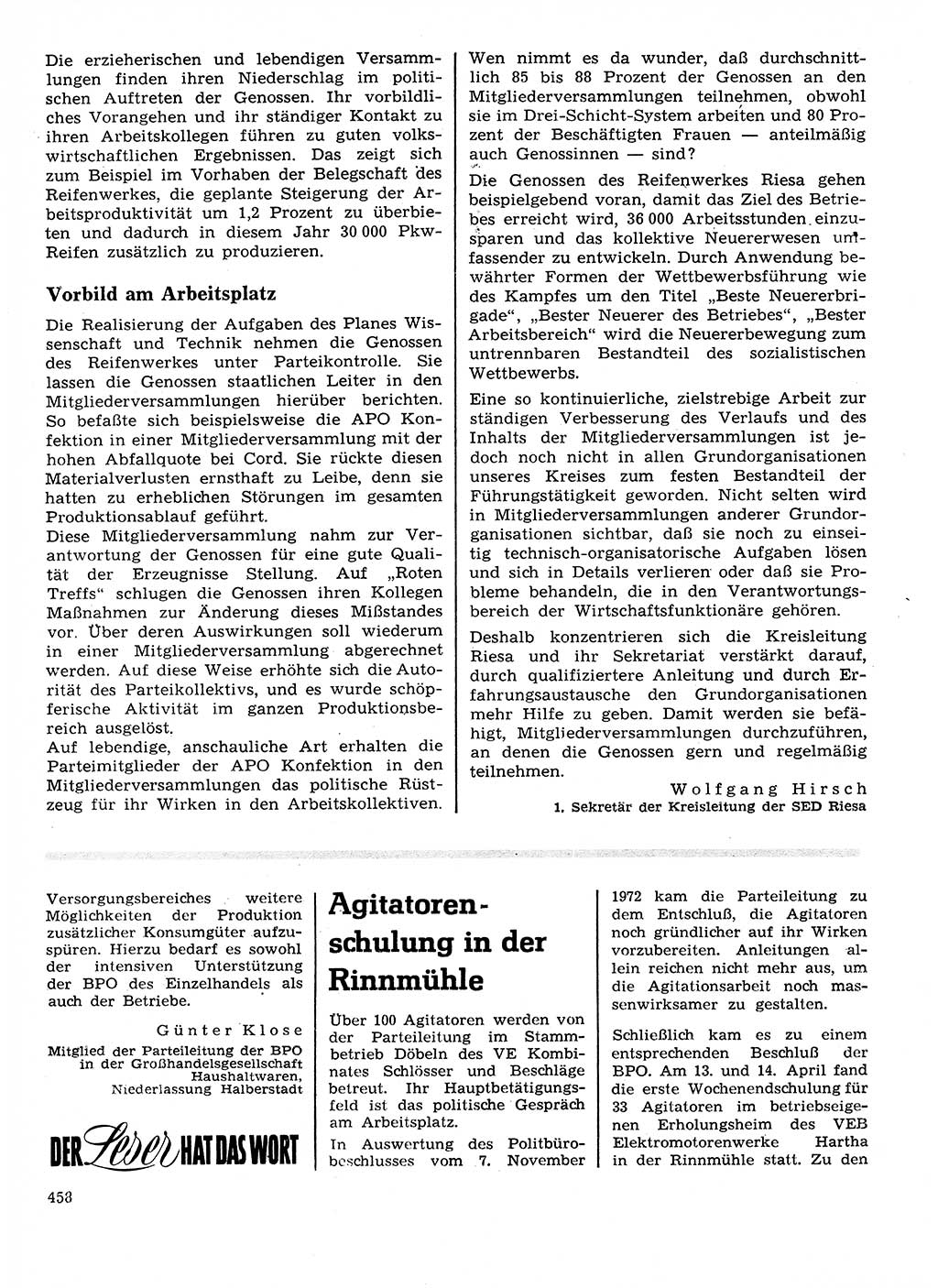 Neuer Weg (NW), Organ des Zentralkomitees (ZK) der SED (Sozialistische Einheitspartei Deutschlands) für Fragen des Parteilebens, 28. Jahrgang [Deutsche Demokratische Republik (DDR)] 1973, Seite 458 (NW ZK SED DDR 1973, S. 458)
