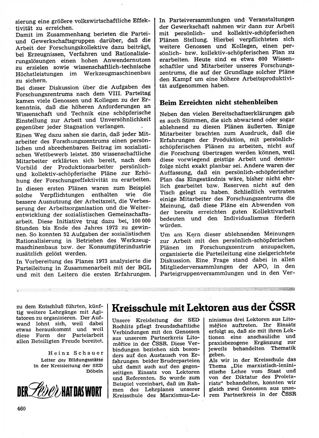 Neuer Weg (NW), Organ des Zentralkomitees (ZK) der SED (Sozialistische Einheitspartei Deutschlands) für Fragen des Parteilebens, 28. Jahrgang [Deutsche Demokratische Republik (DDR)] 1973, Seite 460 (NW ZK SED DDR 1973, S. 460)
