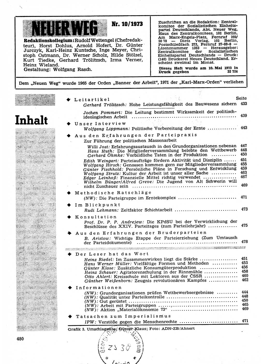 Neuer Weg (NW), Organ des Zentralkomitees (ZK) der SED (Sozialistische Einheitspartei Deutschlands) für Fragen des Parteilebens, 28. Jahrgang [Deutsche Demokratische Republik (DDR)] 1973, Seite 480 (NW ZK SED DDR 1973, S. 480)