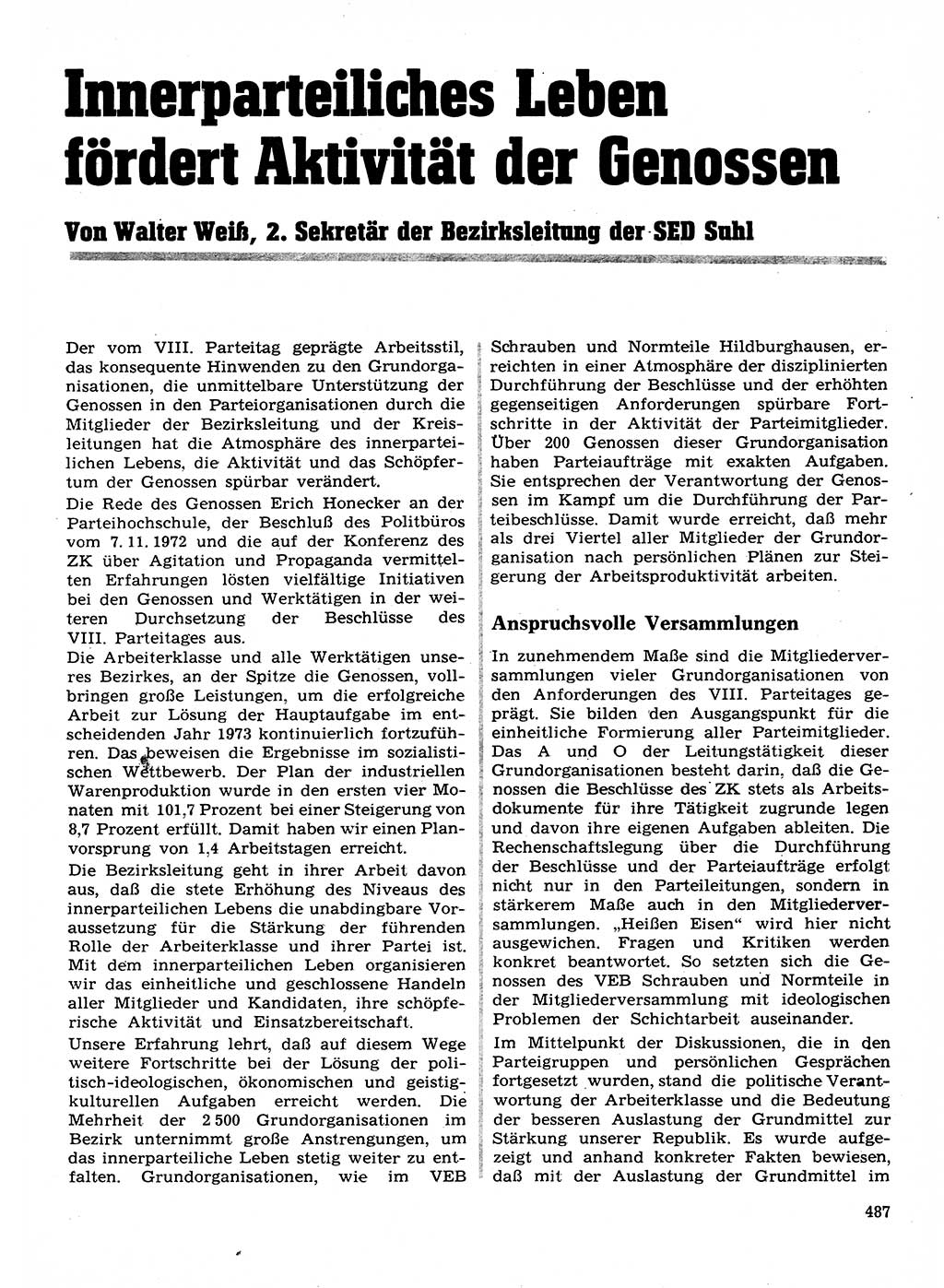 Neuer Weg (NW), Organ des Zentralkomitees (ZK) der SED (Sozialistische Einheitspartei Deutschlands) für Fragen des Parteilebens, 28. Jahrgang [Deutsche Demokratische Republik (DDR)] 1973, Seite 487 (NW ZK SED DDR 1973, S. 487)