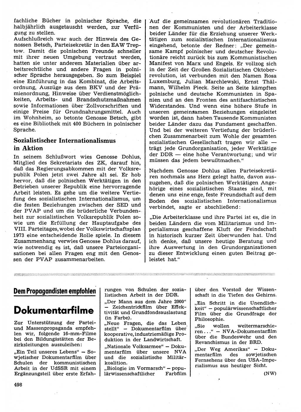 Neuer Weg (NW), Organ des Zentralkomitees (ZK) der SED (Sozialistische Einheitspartei Deutschlands) für Fragen des Parteilebens, 28. Jahrgang [Deutsche Demokratische Republik (DDR)] 1973, Seite 498 (NW ZK SED DDR 1973, S. 498)