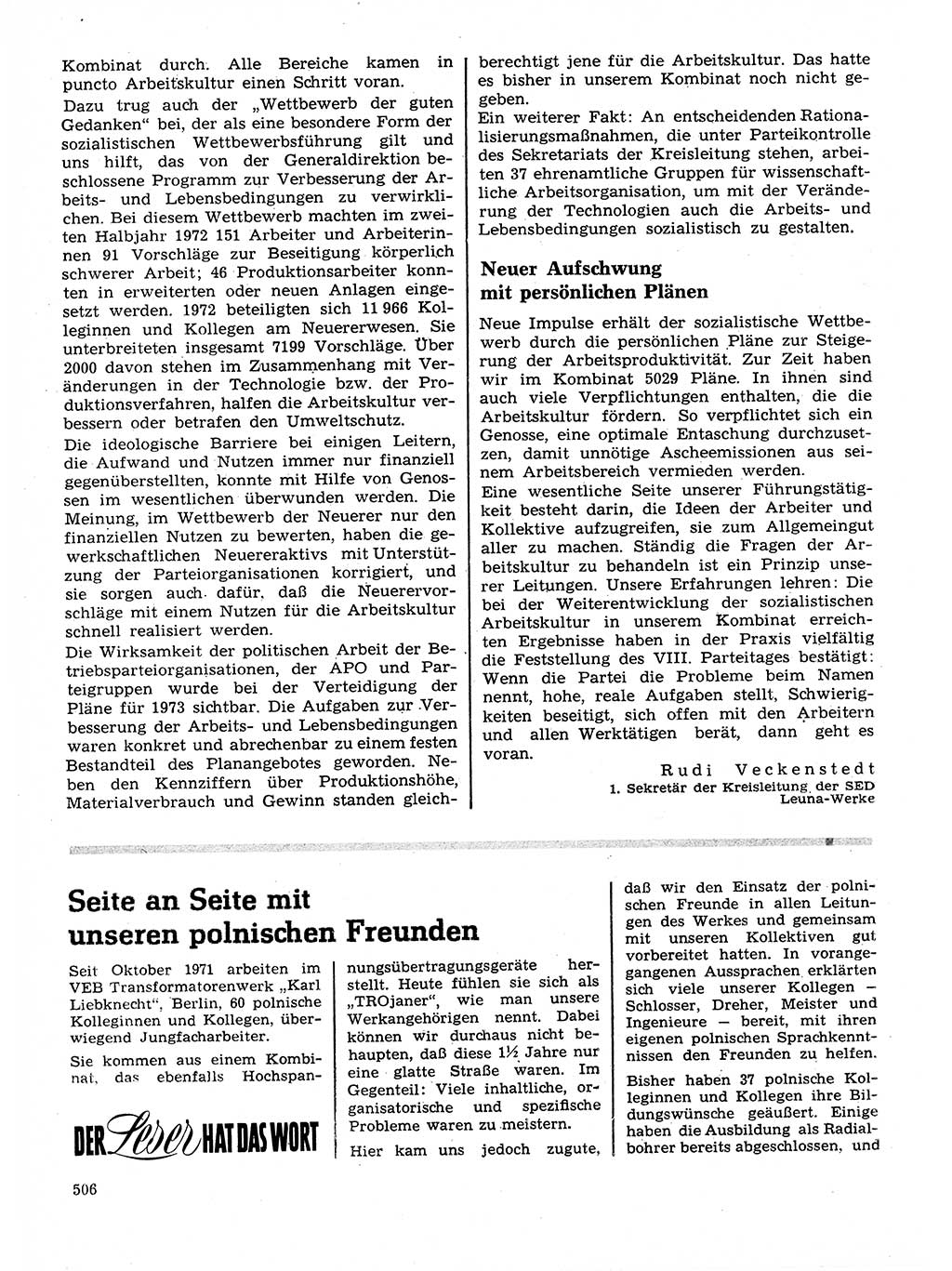 Neuer Weg (NW), Organ des Zentralkomitees (ZK) der SED (Sozialistische Einheitspartei Deutschlands) für Fragen des Parteilebens, 28. Jahrgang [Deutsche Demokratische Republik (DDR)] 1973, Seite 506 (NW ZK SED DDR 1973, S. 506)