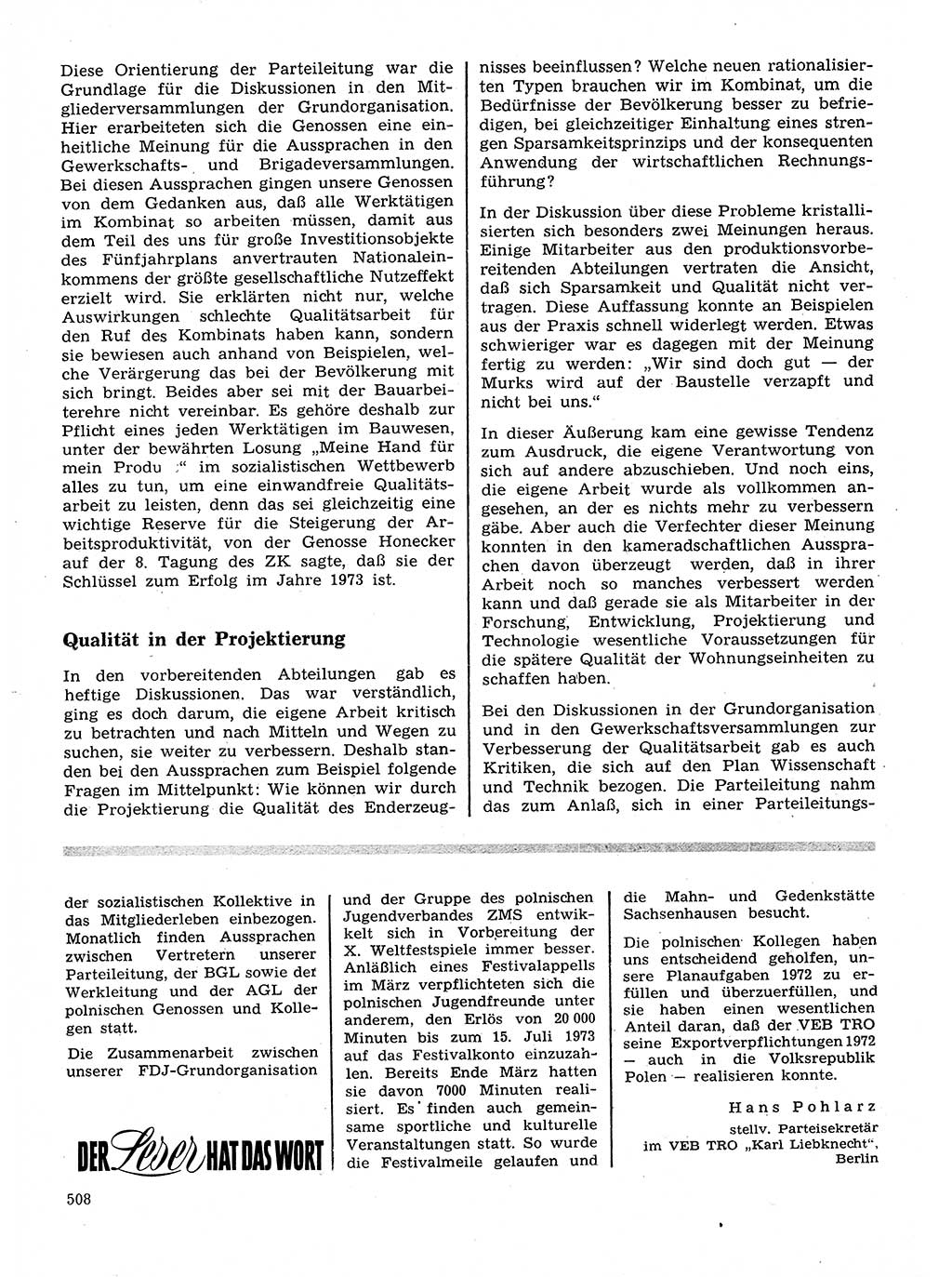 Neuer Weg (NW), Organ des Zentralkomitees (ZK) der SED (Sozialistische Einheitspartei Deutschlands) für Fragen des Parteilebens, 28. Jahrgang [Deutsche Demokratische Republik (DDR)] 1973, Seite 508 (NW ZK SED DDR 1973, S. 508)