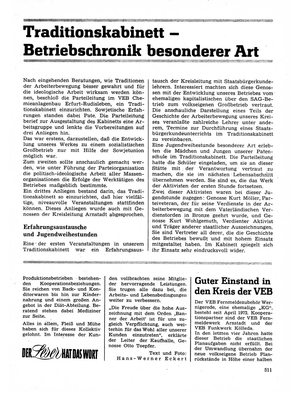 Neuer Weg (NW), Organ des Zentralkomitees (ZK) der SED (Sozialistische Einheitspartei Deutschlands) für Fragen des Parteilebens, 28. Jahrgang [Deutsche Demokratische Republik (DDR)] 1973, Seite 511 (NW ZK SED DDR 1973, S. 511)