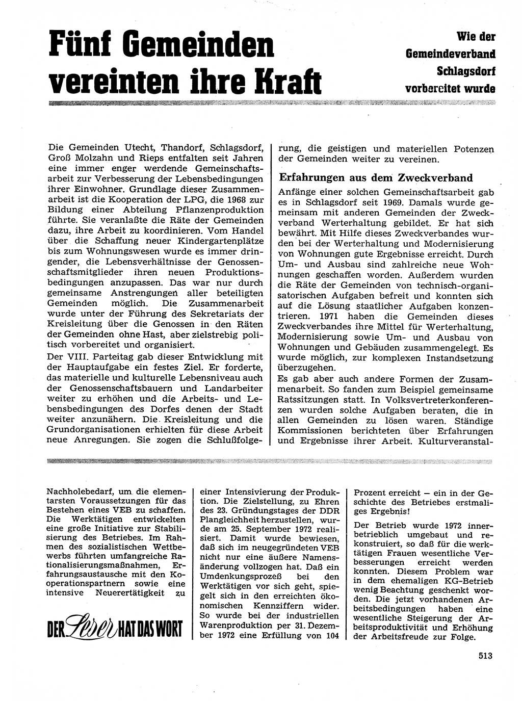 Neuer Weg (NW), Organ des Zentralkomitees (ZK) der SED (Sozialistische Einheitspartei Deutschlands) für Fragen des Parteilebens, 28. Jahrgang [Deutsche Demokratische Republik (DDR)] 1973, Seite 513 (NW ZK SED DDR 1973, S. 513)