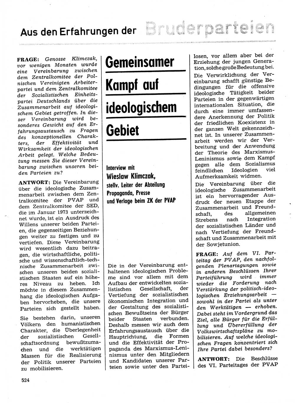 Neuer Weg (NW), Organ des Zentralkomitees (ZK) der SED (Sozialistische Einheitspartei Deutschlands) für Fragen des Parteilebens, 28. Jahrgang [Deutsche Demokratische Republik (DDR)] 1973, Seite 524 (NW ZK SED DDR 1973, S. 524)