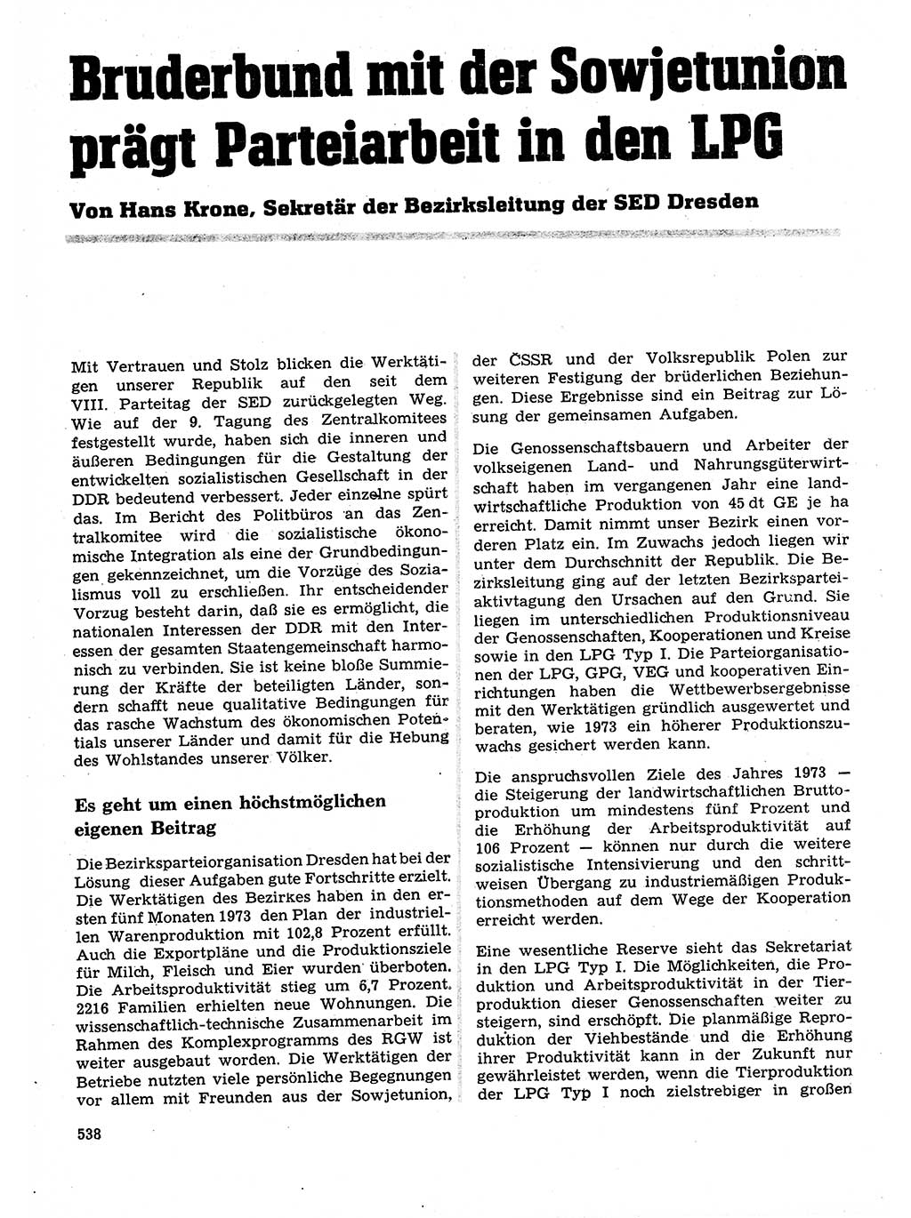 Neuer Weg (NW), Organ des Zentralkomitees (ZK) der SED (Sozialistische Einheitspartei Deutschlands) für Fragen des Parteilebens, 28. Jahrgang [Deutsche Demokratische Republik (DDR)] 1973, Seite 538 (NW ZK SED DDR 1973, S. 538)