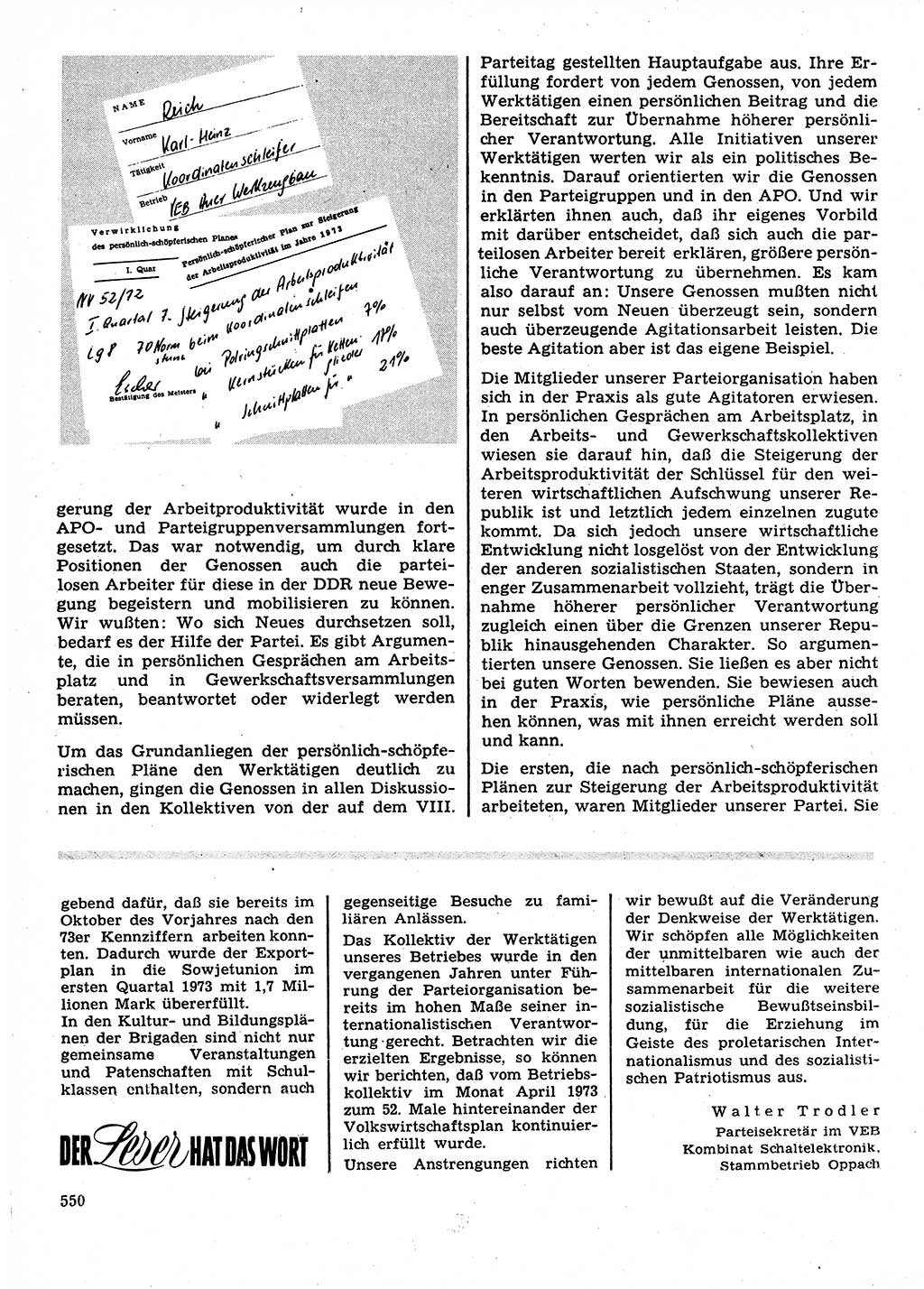 Neuer Weg (NW), Organ des Zentralkomitees (ZK) der SED (Sozialistische Einheitspartei Deutschlands) für Fragen des Parteilebens, 28. Jahrgang [Deutsche Demokratische Republik (DDR)] 1973, Seite 550 (NW ZK SED DDR 1973, S. 550)