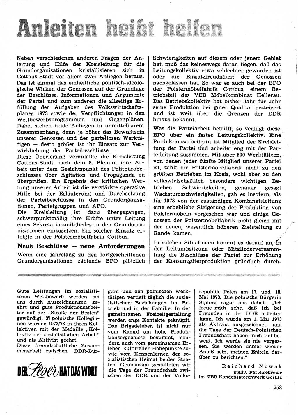 Neuer Weg (NW), Organ des Zentralkomitees (ZK) der SED (Sozialistische Einheitspartei Deutschlands) für Fragen des Parteilebens, 28. Jahrgang [Deutsche Demokratische Republik (DDR)] 1973, Seite 553 (NW ZK SED DDR 1973, S. 553)