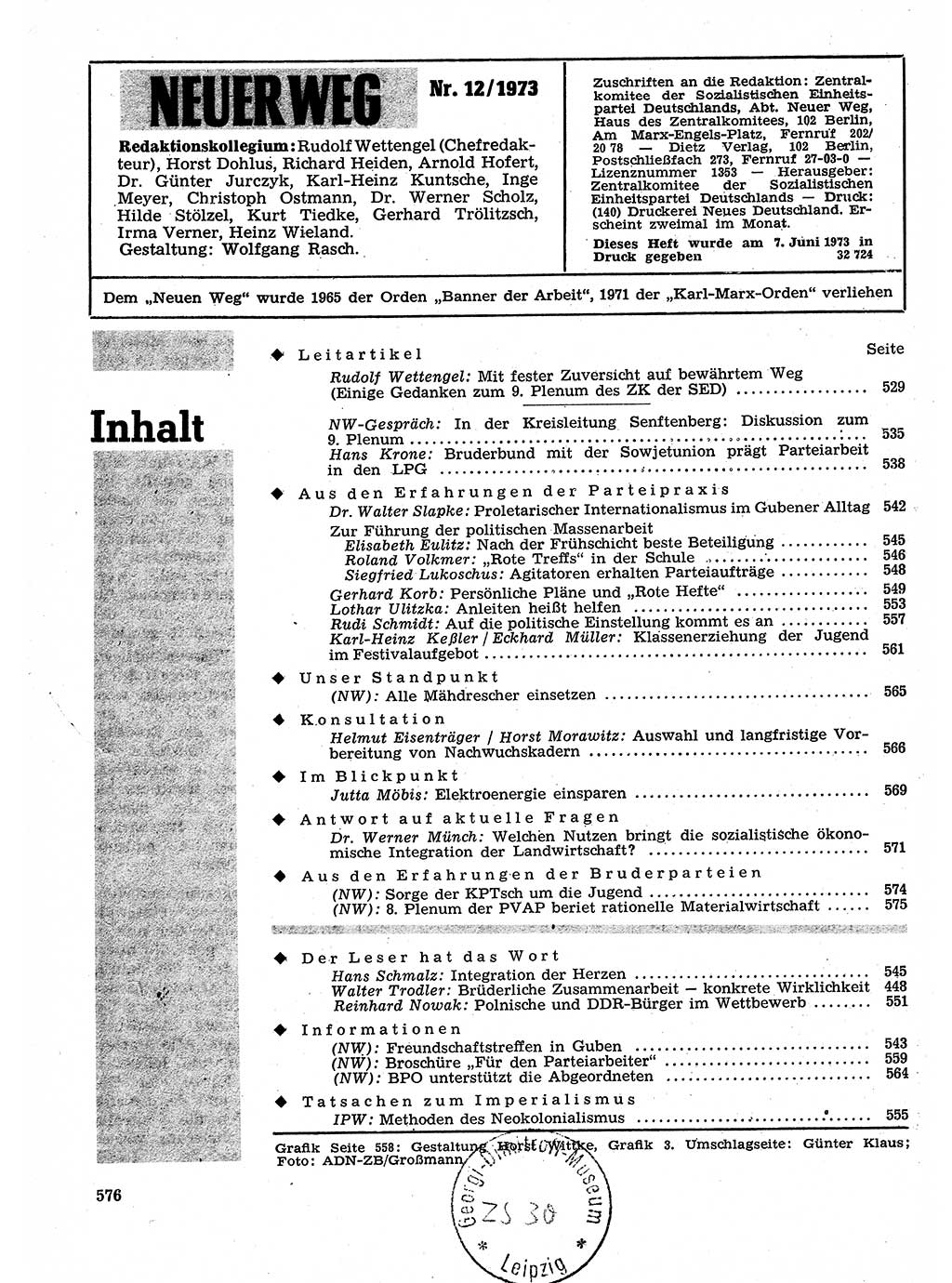 Neuer Weg (NW), Organ des Zentralkomitees (ZK) der SED (Sozialistische Einheitspartei Deutschlands) für Fragen des Parteilebens, 28. Jahrgang [Deutsche Demokratische Republik (DDR)] 1973, Seite 576 (NW ZK SED DDR 1973, S. 576)