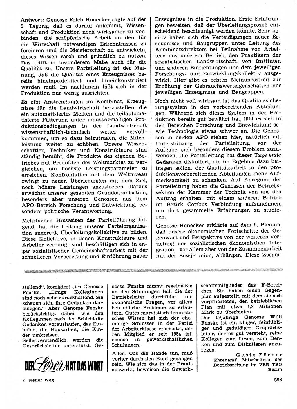 Neuer Weg (NW), Organ des Zentralkomitees (ZK) der SED (Sozialistische Einheitspartei Deutschlands) für Fragen des Parteilebens, 28. Jahrgang [Deutsche Demokratische Republik (DDR)] 1973, Seite 593 (NW ZK SED DDR 1973, S. 593)