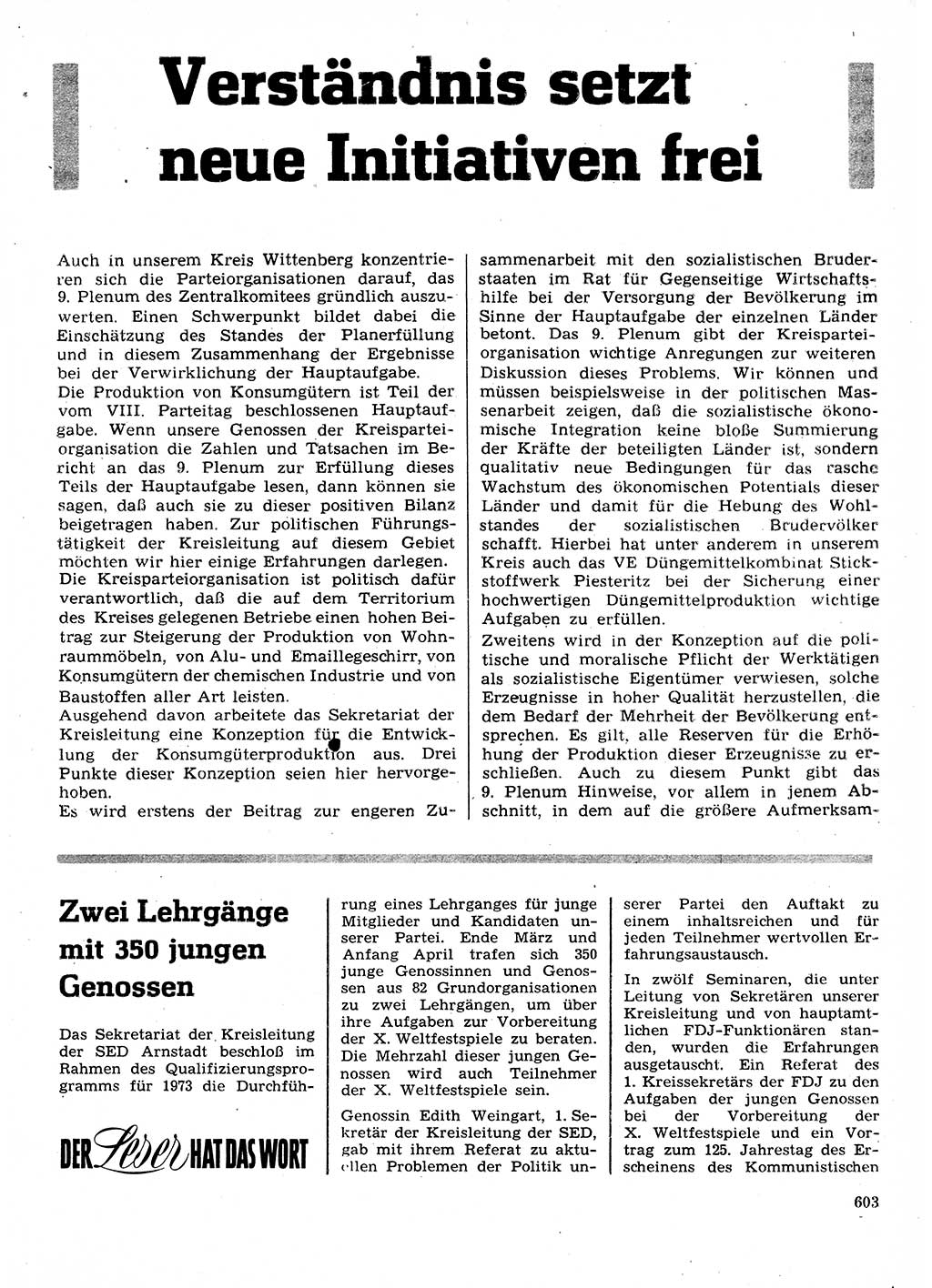 Neuer Weg (NW), Organ des Zentralkomitees (ZK) der SED (Sozialistische Einheitspartei Deutschlands) für Fragen des Parteilebens, 28. Jahrgang [Deutsche Demokratische Republik (DDR)] 1973, Seite 603 (NW ZK SED DDR 1973, S. 603)