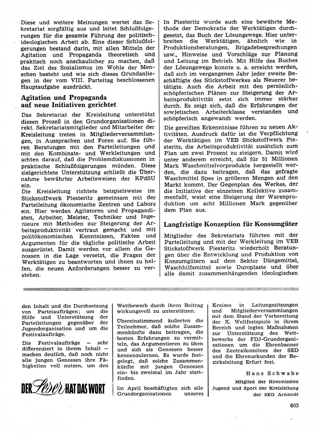 Neuer Weg (NW), Organ des Zentralkomitees (ZK) der SED (Sozialistische Einheitspartei Deutschlands) für Fragen des Parteilebens, 28. Jahrgang [Deutsche Demokratische Republik (DDR)] 1973, Seite 605 (NW ZK SED DDR 1973, S. 605)