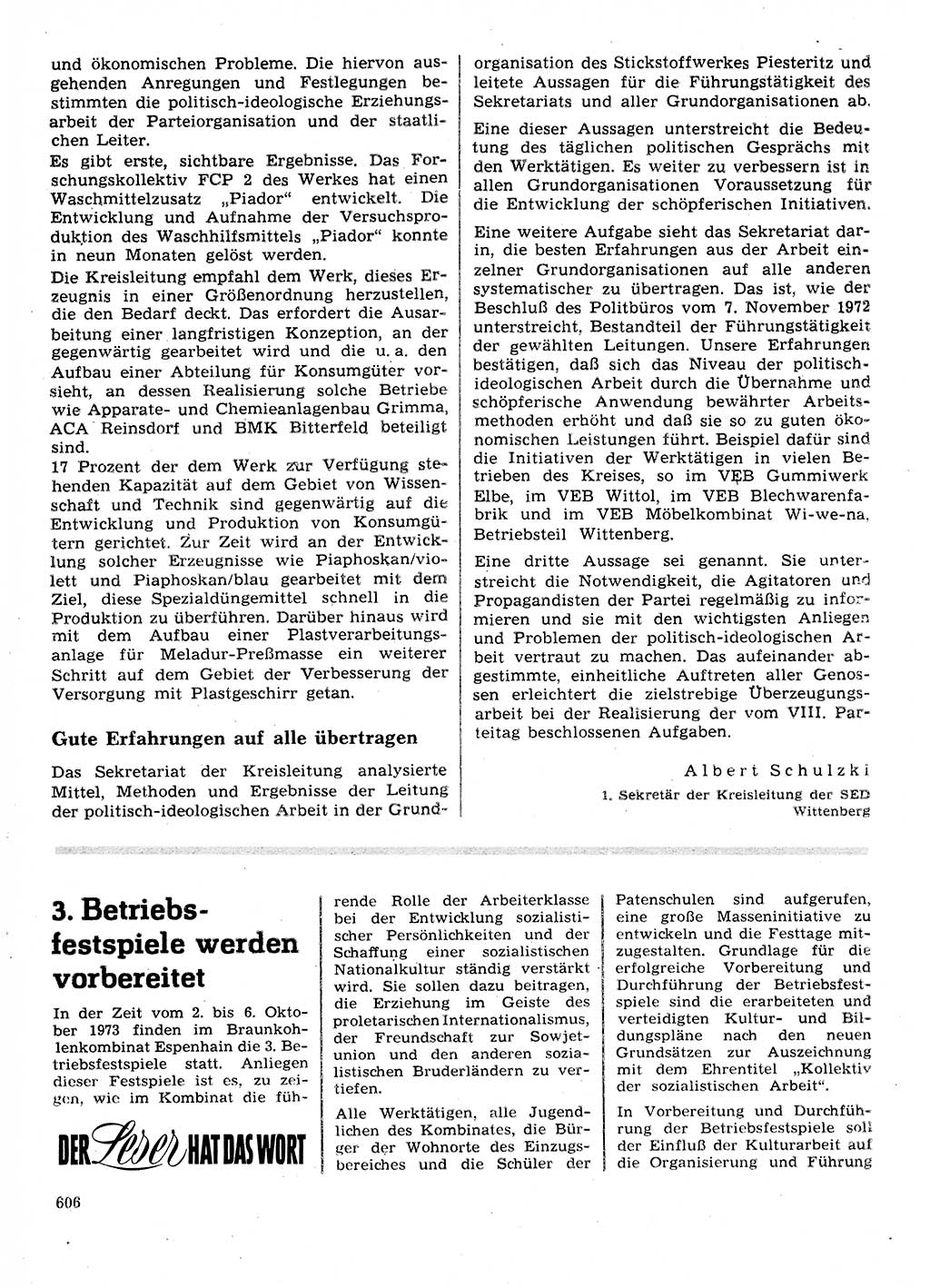 Neuer Weg (NW), Organ des Zentralkomitees (ZK) der SED (Sozialistische Einheitspartei Deutschlands) für Fragen des Parteilebens, 28. Jahrgang [Deutsche Demokratische Republik (DDR)] 1973, Seite 606 (NW ZK SED DDR 1973, S. 606)