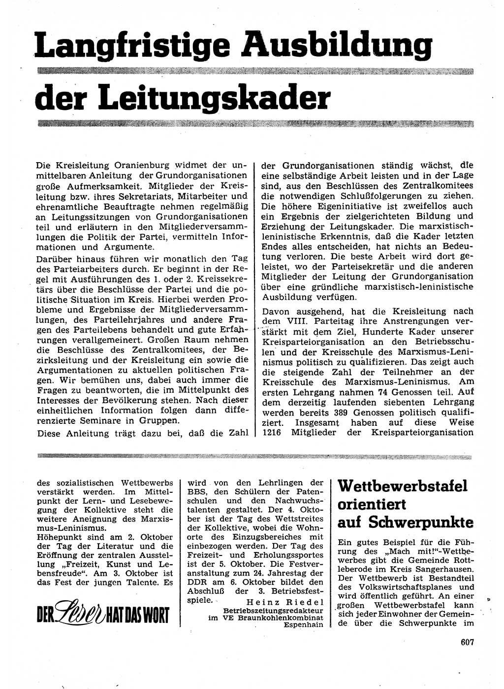 Neuer Weg (NW), Organ des Zentralkomitees (ZK) der SED (Sozialistische Einheitspartei Deutschlands) für Fragen des Parteilebens, 28. Jahrgang [Deutsche Demokratische Republik (DDR)] 1973, Seite 607 (NW ZK SED DDR 1973, S. 607)