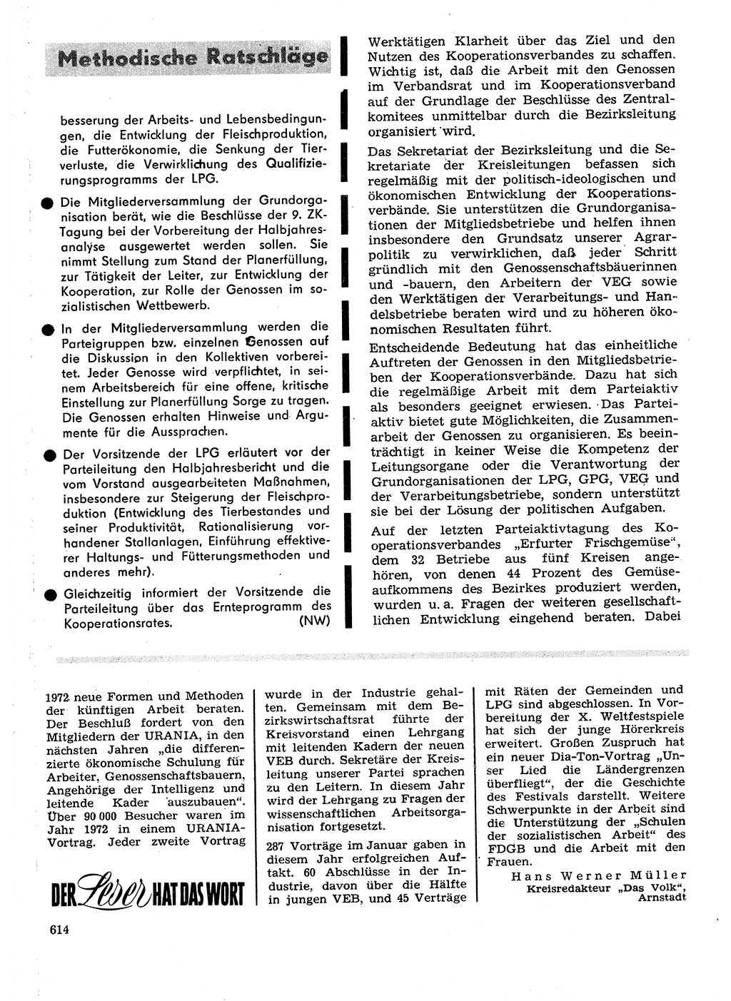 Neuer Weg (NW), Organ des Zentralkomitees (ZK) der SED (Sozialistische Einheitspartei Deutschlands) für Fragen des Parteilebens, 28. Jahrgang [Deutsche Demokratische Republik (DDR)] 1973, Seite 614 (NW ZK SED DDR 1973, S. 614)