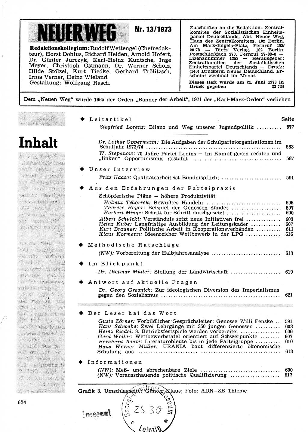 Neuer Weg (NW), Organ des Zentralkomitees (ZK) der SED (Sozialistische Einheitspartei Deutschlands) für Fragen des Parteilebens, 28. Jahrgang [Deutsche Demokratische Republik (DDR)] 1973, Seite 624 (NW ZK SED DDR 1973, S. 624)