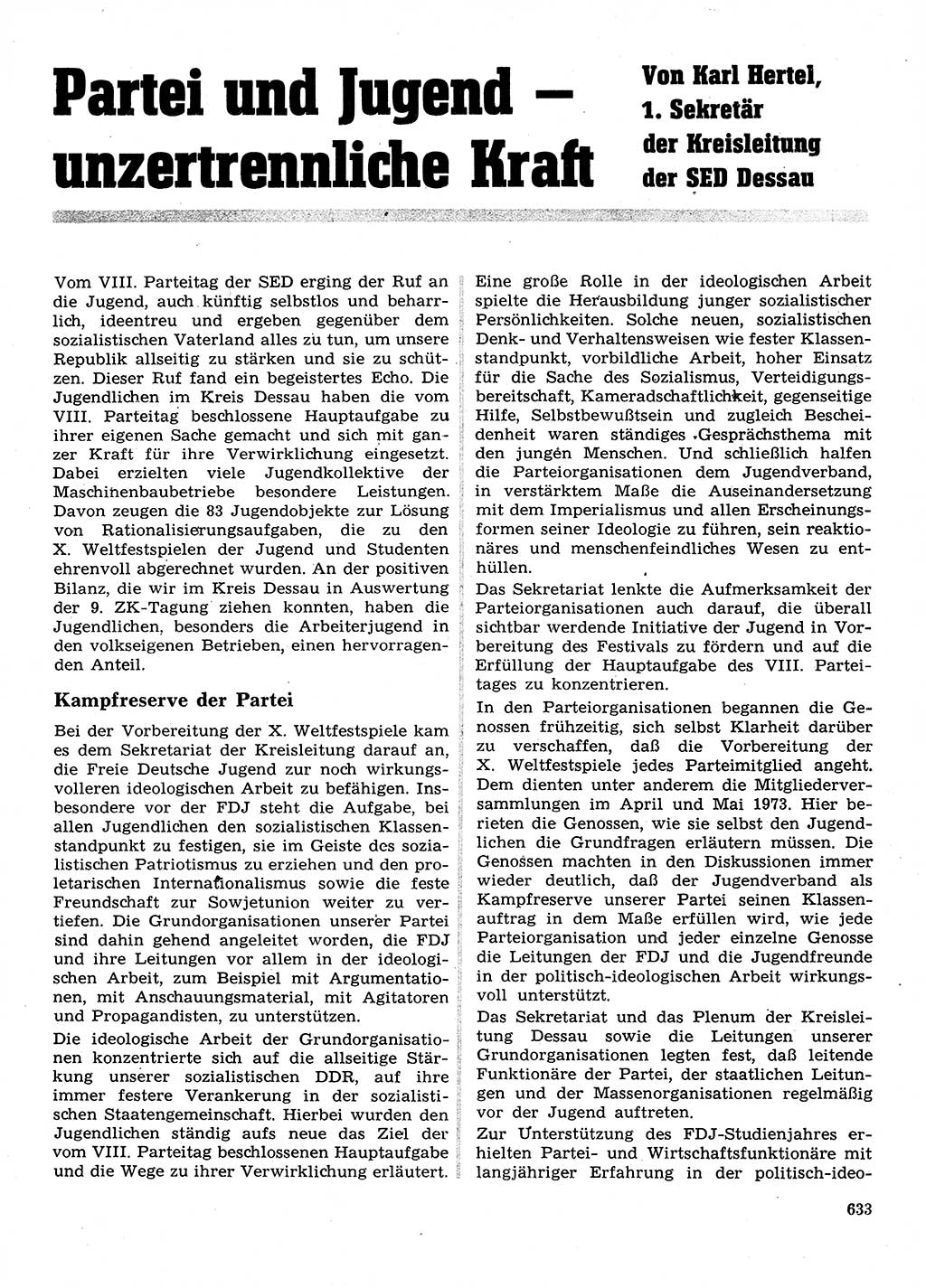 Neuer Weg (NW), Organ des Zentralkomitees (ZK) der SED (Sozialistische Einheitspartei Deutschlands) für Fragen des Parteilebens, 28. Jahrgang [Deutsche Demokratische Republik (DDR)] 1973, Seite 633 (NW ZK SED DDR 1973, S. 633)