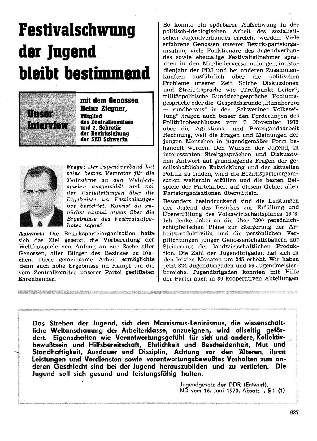 Neuer Weg (NW), Organ des Zentralkomitees (ZK) der SED (Sozialistische Einheitspartei Deutschlands) für Fragen des Parteilebens, 28. Jahrgang [Deutsche Demokratische Republik (DDR)] 1973, Seite 637 (NW ZK SED DDR 1973, S. 637)