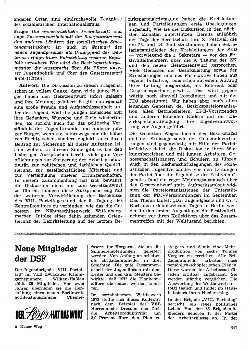 Neuer Weg (NW), Organ des Zentralkomitees (ZK) der SED (Sozialistische Einheitspartei Deutschlands) für Fragen des Parteilebens, 28. Jahrgang [Deutsche Demokratische Republik (DDR)] 1973, Seite 641 (NW ZK SED DDR 1973, S. 641)