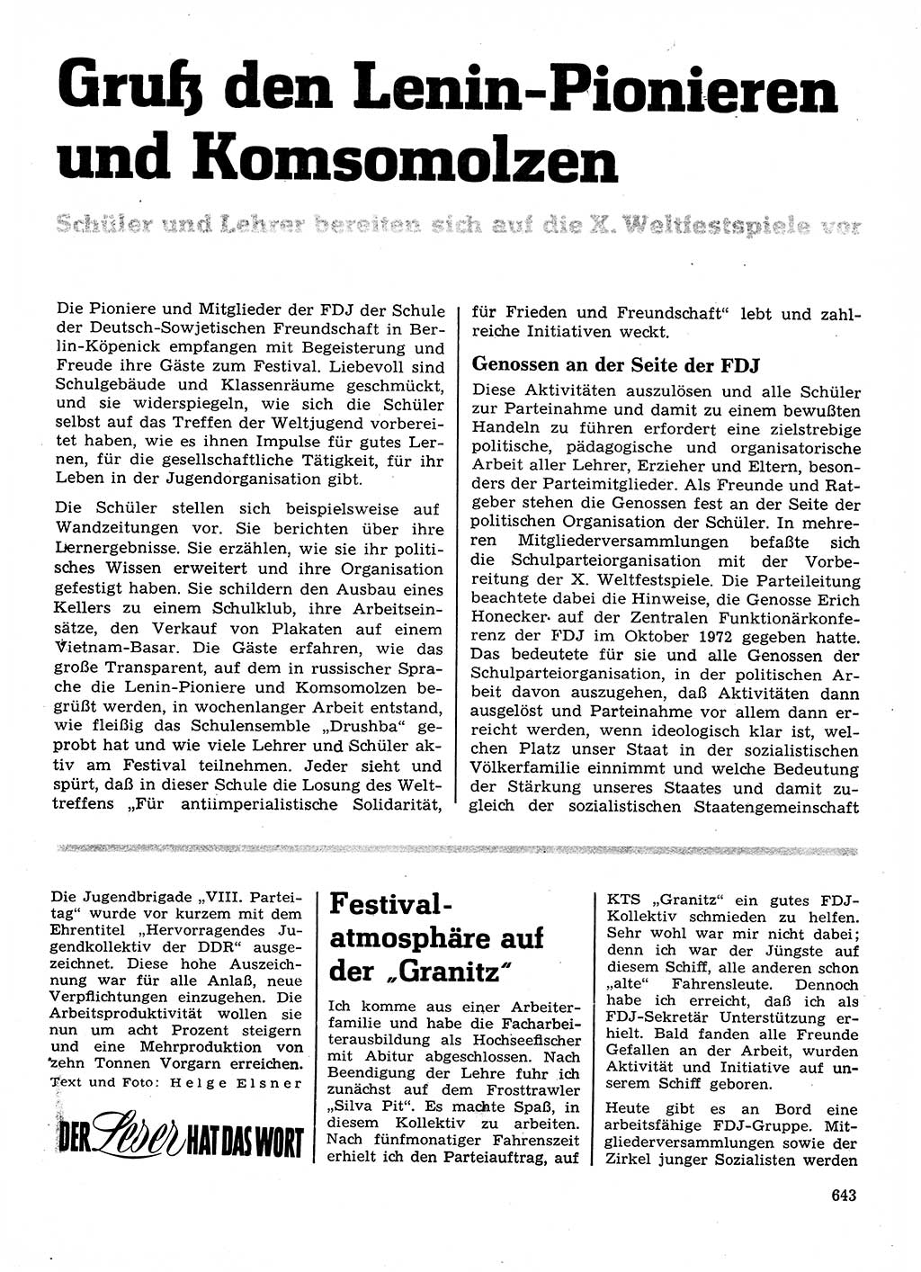 Neuer Weg (NW), Organ des Zentralkomitees (ZK) der SED (Sozialistische Einheitspartei Deutschlands) für Fragen des Parteilebens, 28. Jahrgang [Deutsche Demokratische Republik (DDR)] 1973, Seite 643 (NW ZK SED DDR 1973, S. 643)