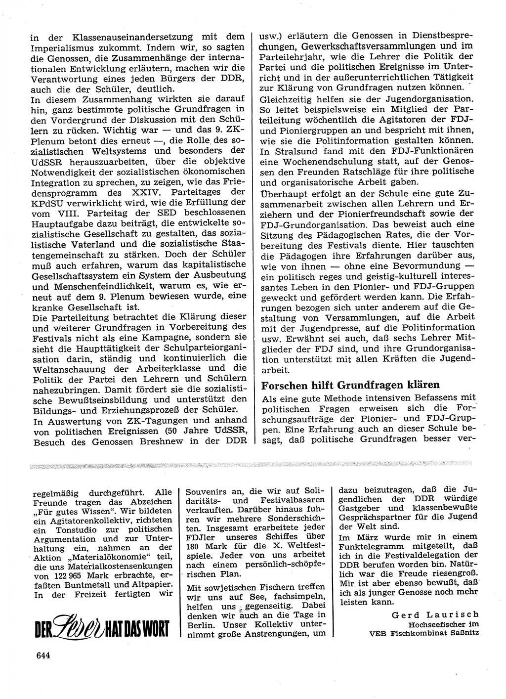Neuer Weg (NW), Organ des Zentralkomitees (ZK) der SED (Sozialistische Einheitspartei Deutschlands) für Fragen des Parteilebens, 28. Jahrgang [Deutsche Demokratische Republik (DDR)] 1973, Seite 644 (NW ZK SED DDR 1973, S. 644)