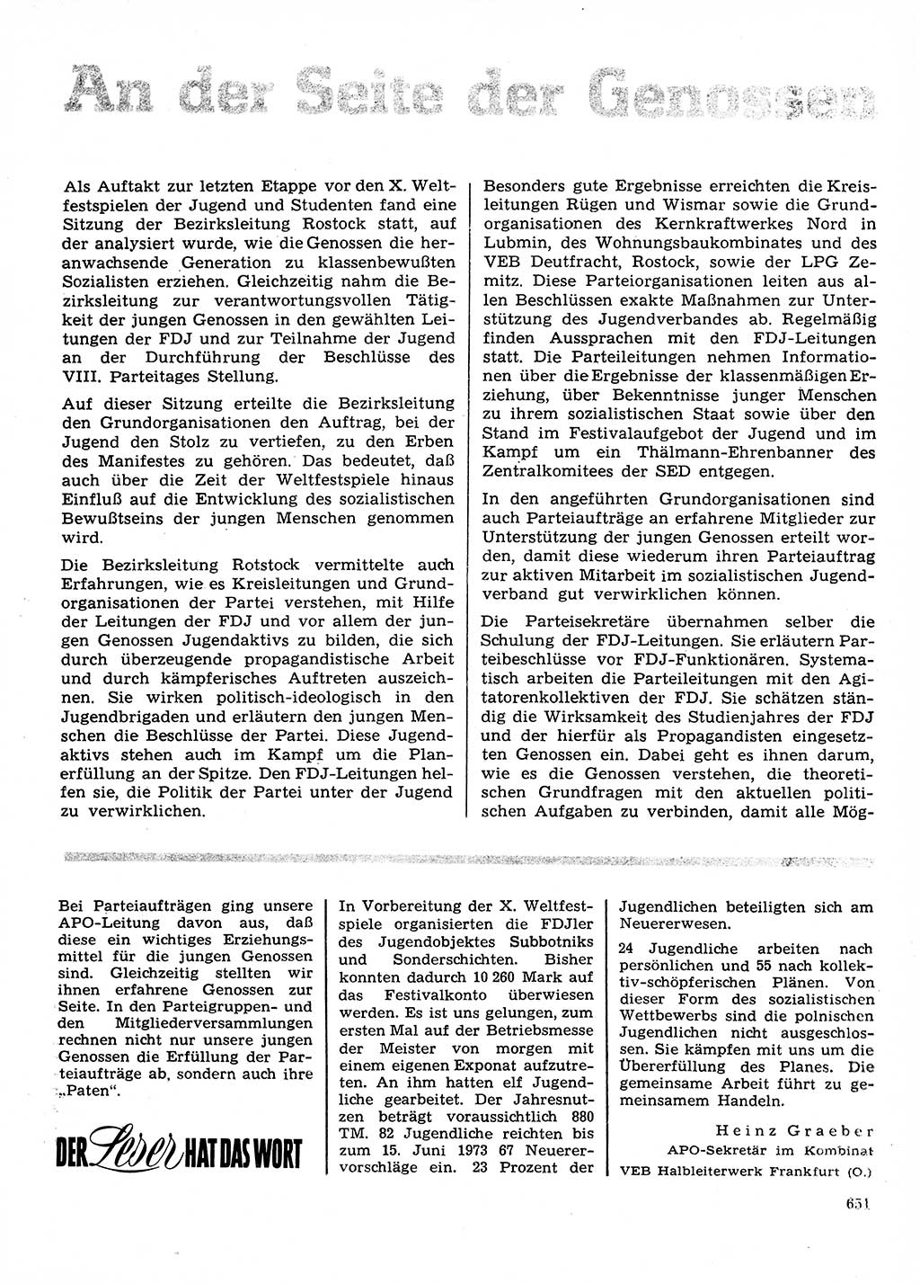 Neuer Weg (NW), Organ des Zentralkomitees (ZK) der SED (Sozialistische Einheitspartei Deutschlands) für Fragen des Parteilebens, 28. Jahrgang [Deutsche Demokratische Republik (DDR)] 1973, Seite 651 (NW ZK SED DDR 1973, S. 651)