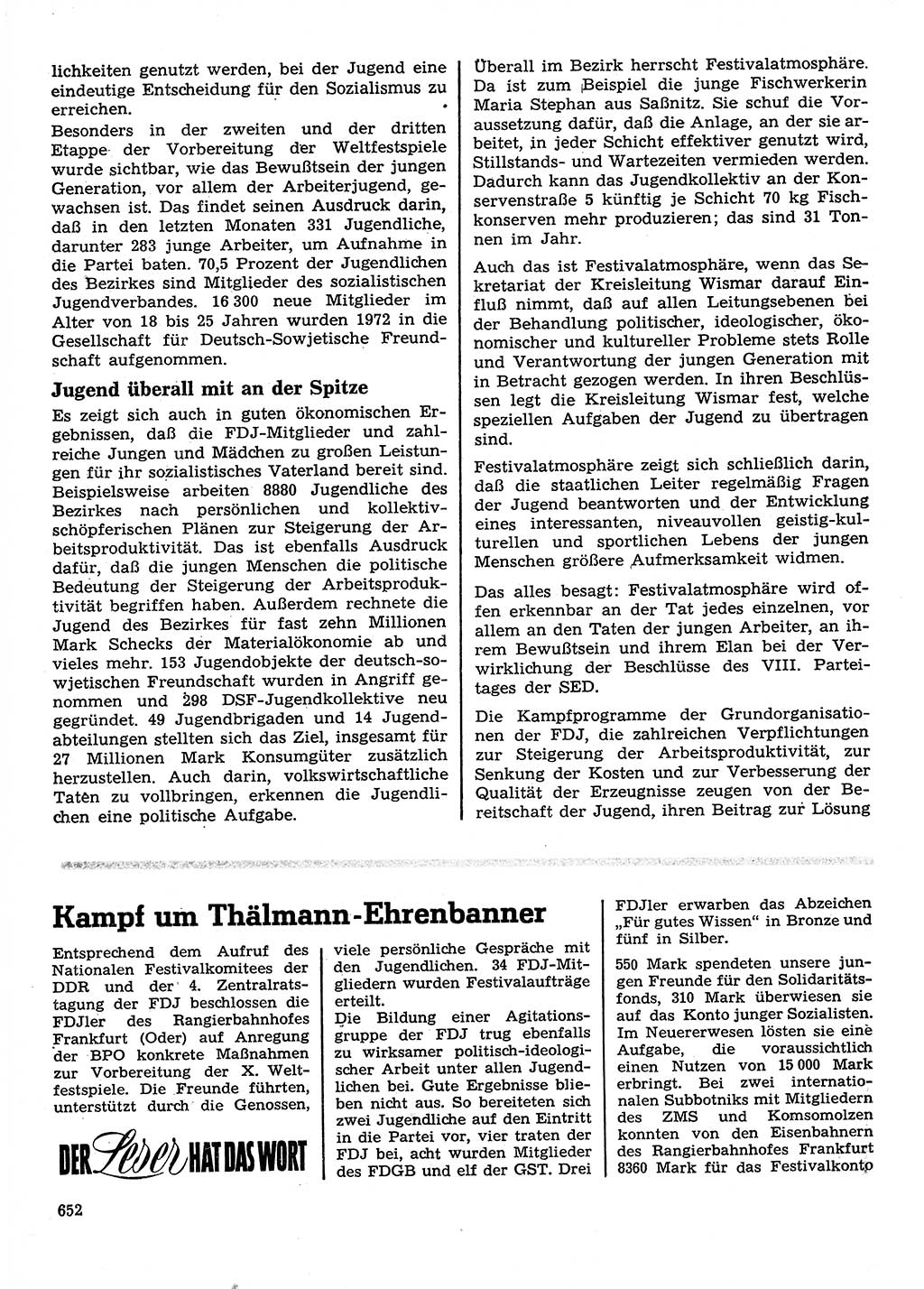 Neuer Weg (NW), Organ des Zentralkomitees (ZK) der SED (Sozialistische Einheitspartei Deutschlands) für Fragen des Parteilebens, 28. Jahrgang [Deutsche Demokratische Republik (DDR)] 1973, Seite 652 (NW ZK SED DDR 1973, S. 652)