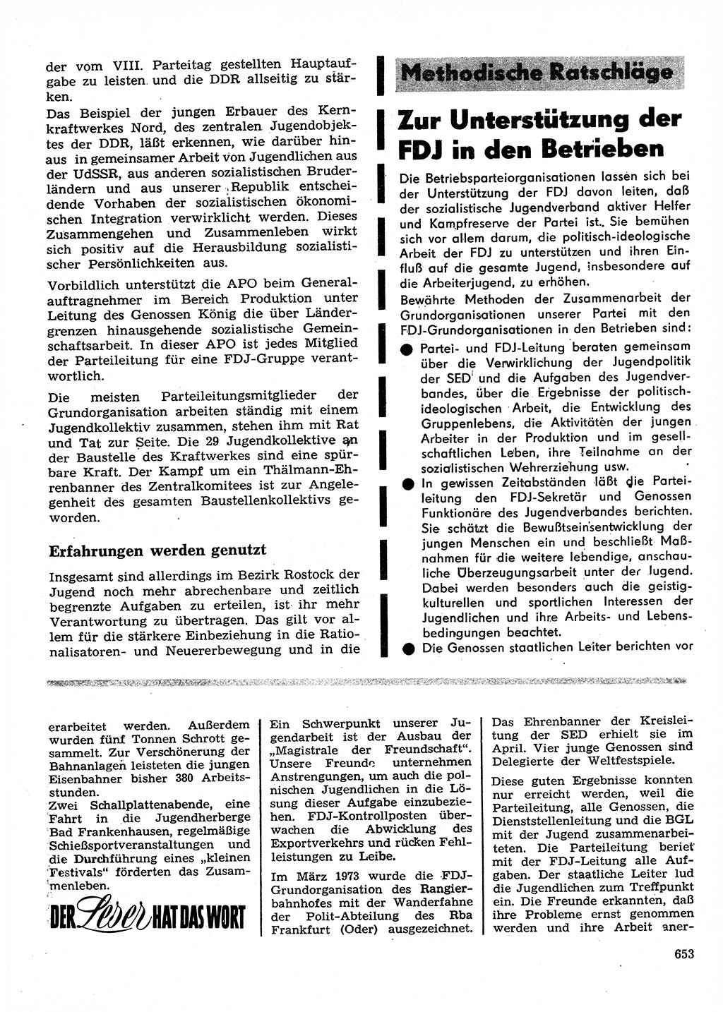 Neuer Weg (NW), Organ des Zentralkomitees (ZK) der SED (Sozialistische Einheitspartei Deutschlands) für Fragen des Parteilebens, 28. Jahrgang [Deutsche Demokratische Republik (DDR)] 1973, Seite 653 (NW ZK SED DDR 1973, S. 653)